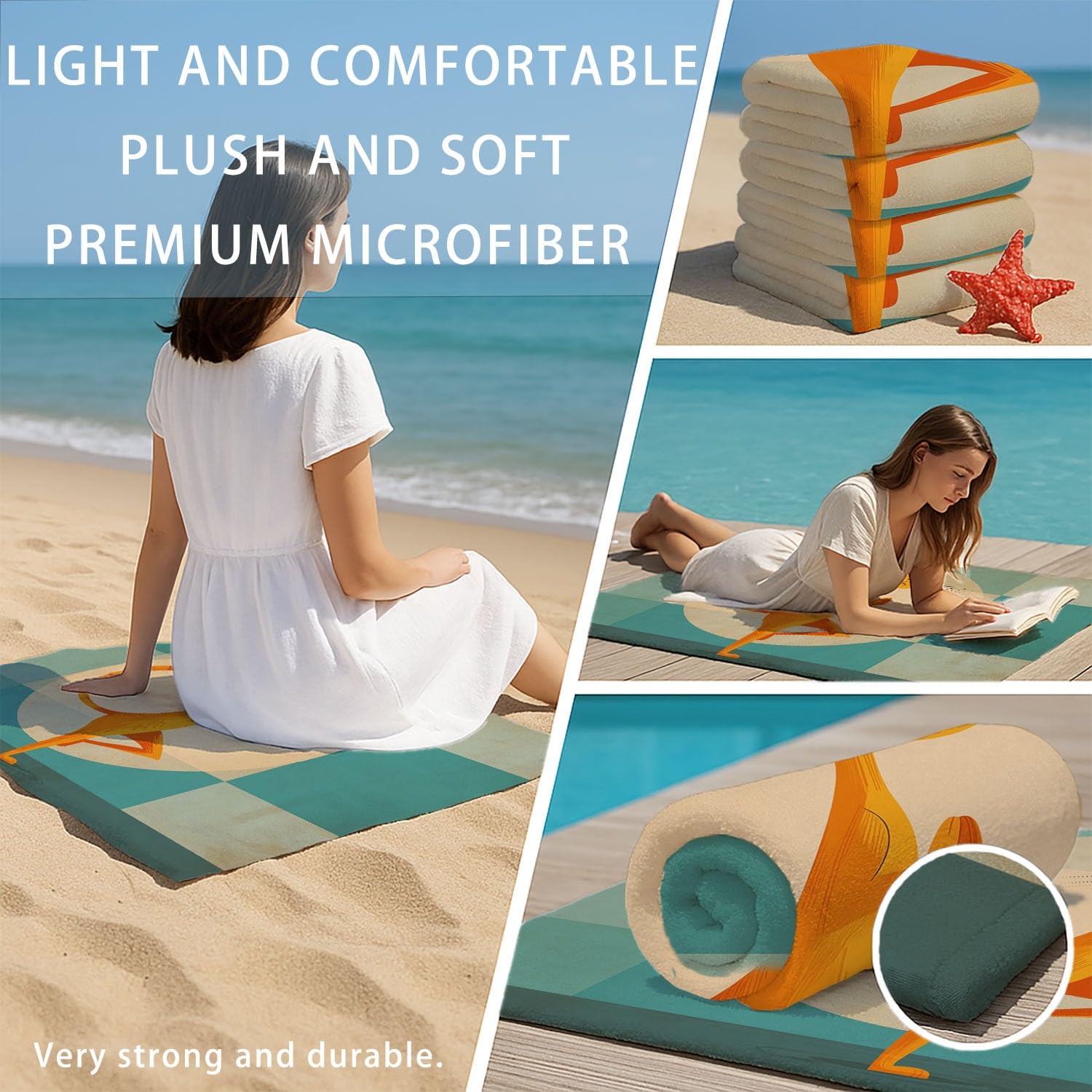 Générique Grande Serviette de Plage 200 x 100 CM,Drap de Plage Microfibre,Couverture de Plage Absorbante Rapide pour Rétro, Cosy, Réconfortant, Cercles Chats Roux Mignons, Oreilles, Carrés, Géométrie