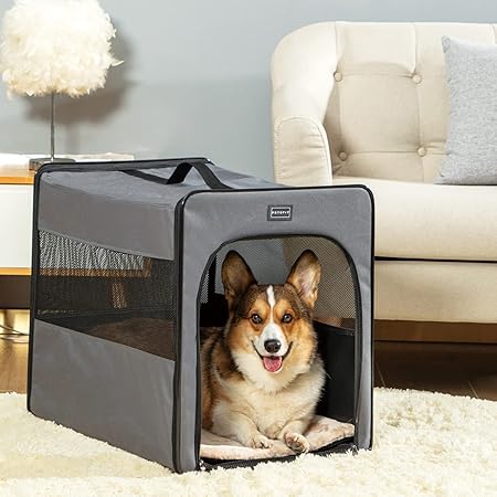 Amazon Petsfit 折りたたみペットケージ ペットハウス 犬用ソフトクレート 折りたたみ 犬 ポータブルケージ 持ち手付き 軽量 コンパクト グレー M Petsfit ペット用品 通販