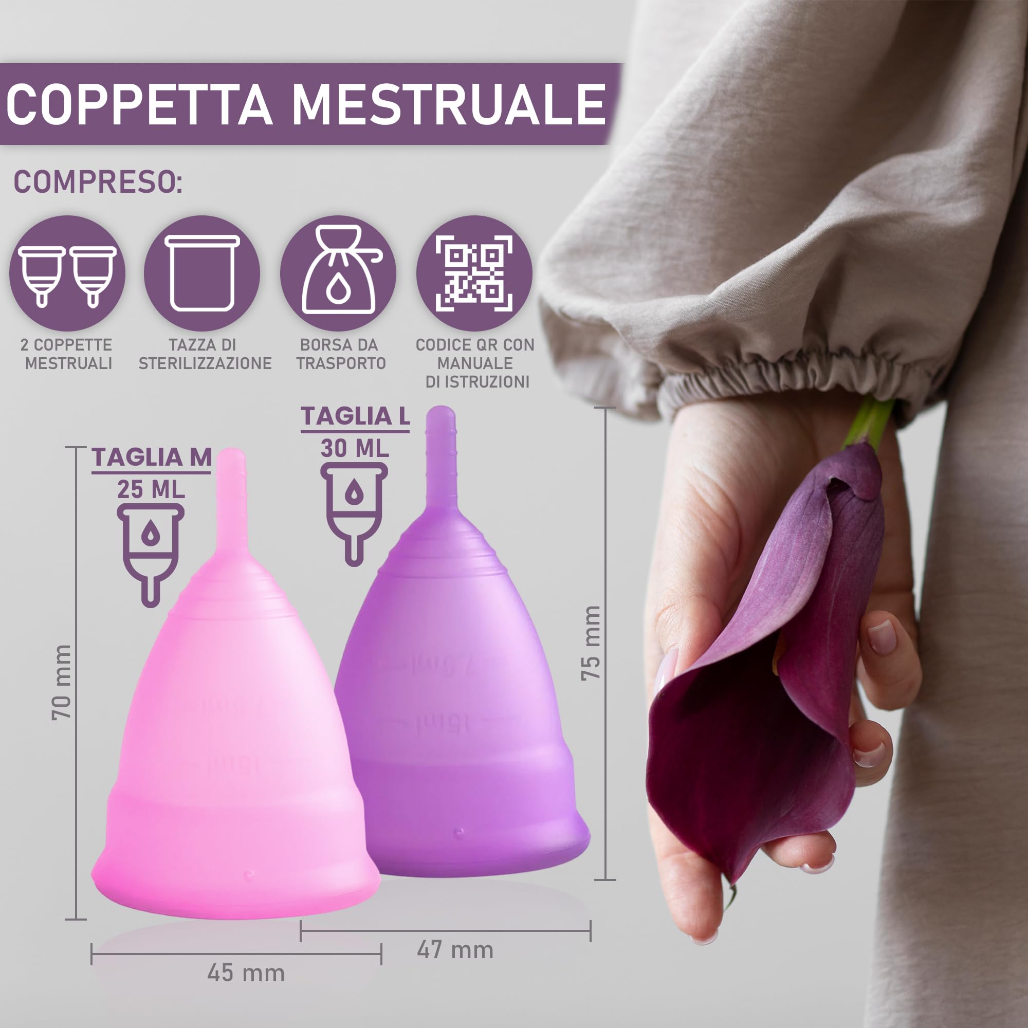 Bibrad Copa Menstrual - 2 Copas Menstruales Tallas M y L, Vaso Esterilizador y Bolsa de Transporte de Algodón - 100% Suave Silicona de Grado Medico Lavable y Reutilizable (M-L) — view 2