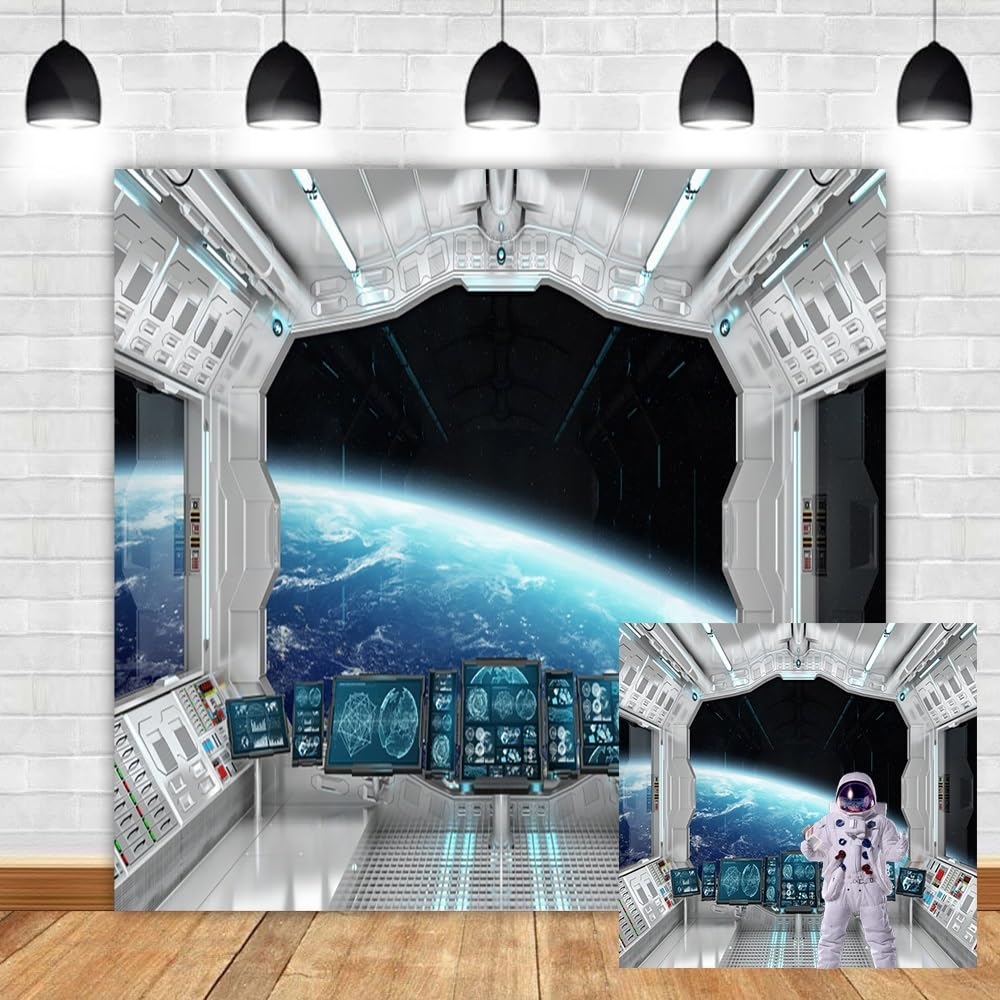 Leyiyi 10x10ft Spaceship Interior Backdrop 3D Universe Workshop Outer Space Travel Science Explore Station Earth Vista Photo Background Cowboy Kids