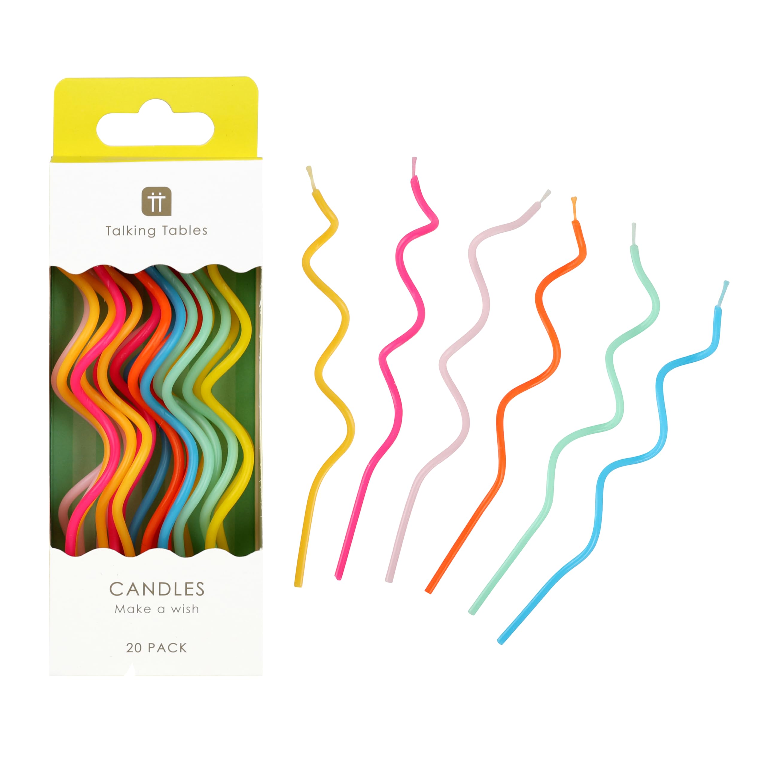 Talking Tables 20 x Rainbow Twisted Birthday Candles for Cake Decorations with Tall Spiral Wax Design for Anniversary Party Cake Topper Candles Eco Packaging, Yellow, Pink, Orange, Blue, Green 15cm