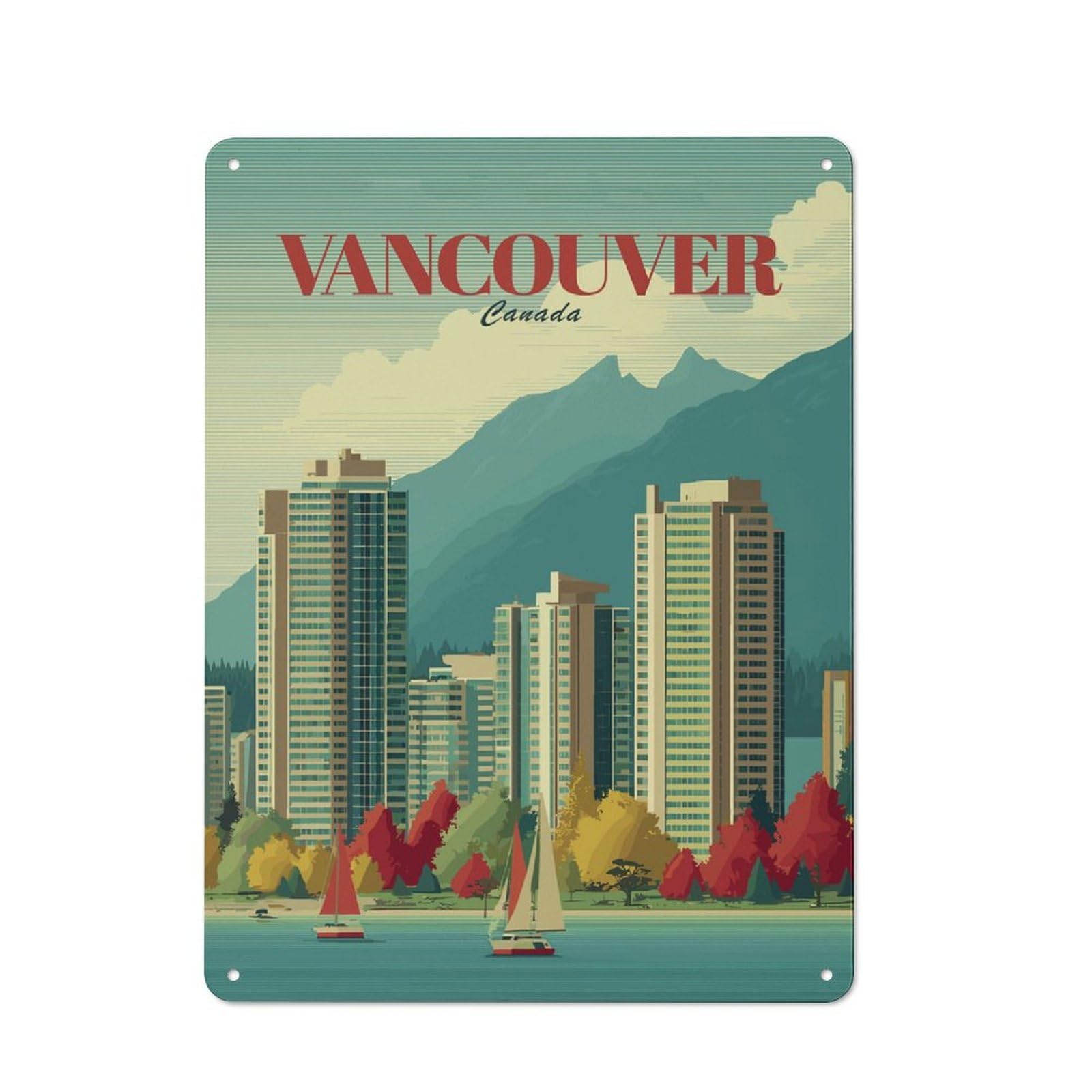 Junmoney Style-12 Vancouver Cityscape With Mountains And Sailboats Retro Metal Plaque 40X30cm For Living Room Or Hallway, Suited To Hallway Decor Fans