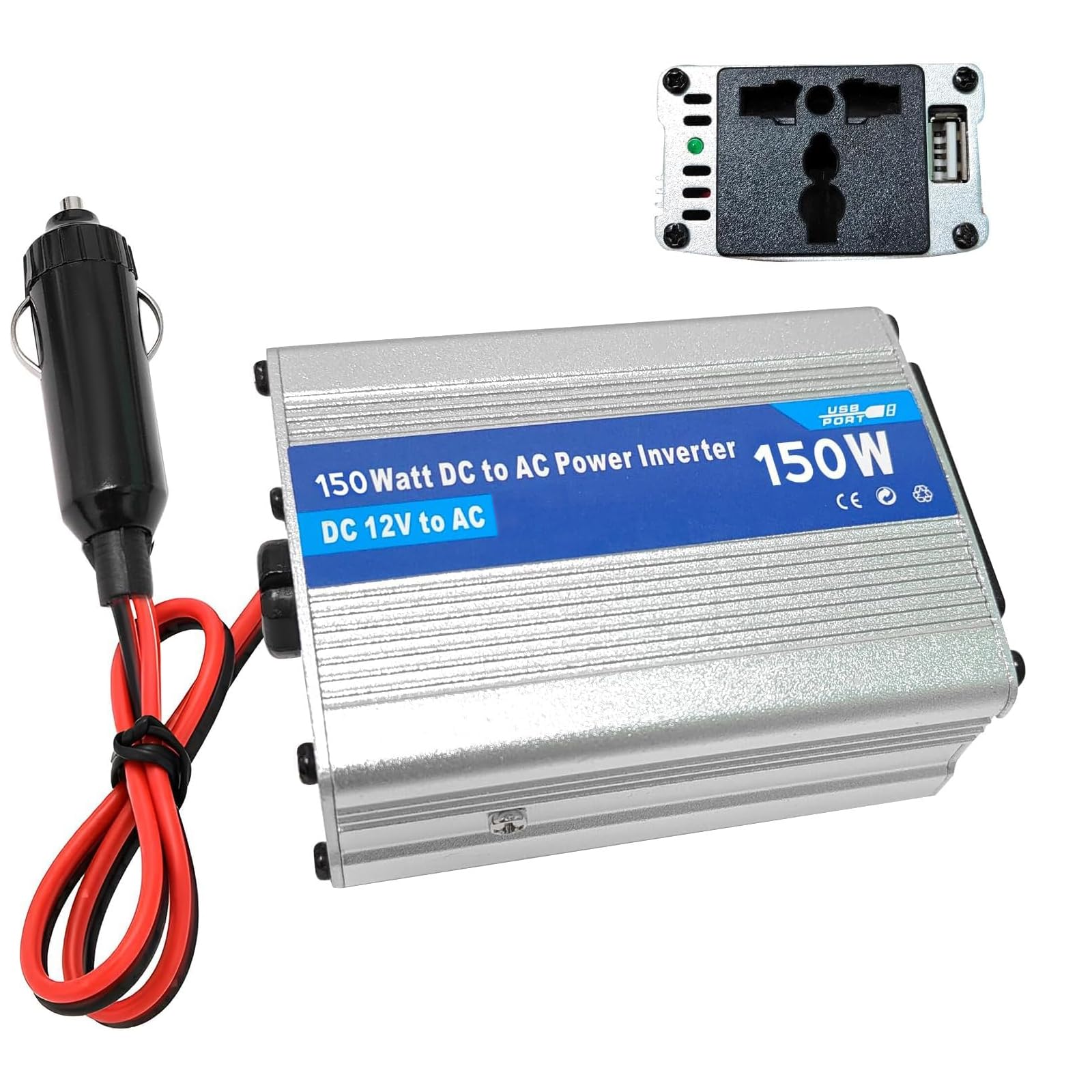 Car Power Inverter 150W DC 12V to AC 230V with USB & AC Outlet – Car Plug Adapter for Laptop, Phone, Tablet, Console