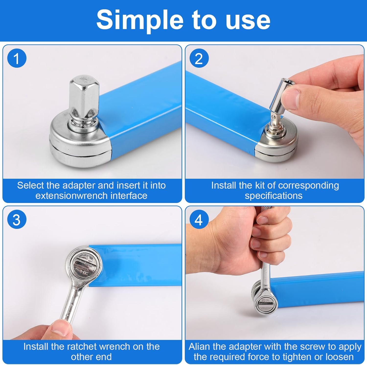 Offset Extension Wrench Set, 15.4 Inches Offset Extension Wrench 1/2", 1/4", 3/8" Square Drive Adapters and Ratchet Wrench, Universal Impact Wrench Extender Tool for Tight Place (Blue)