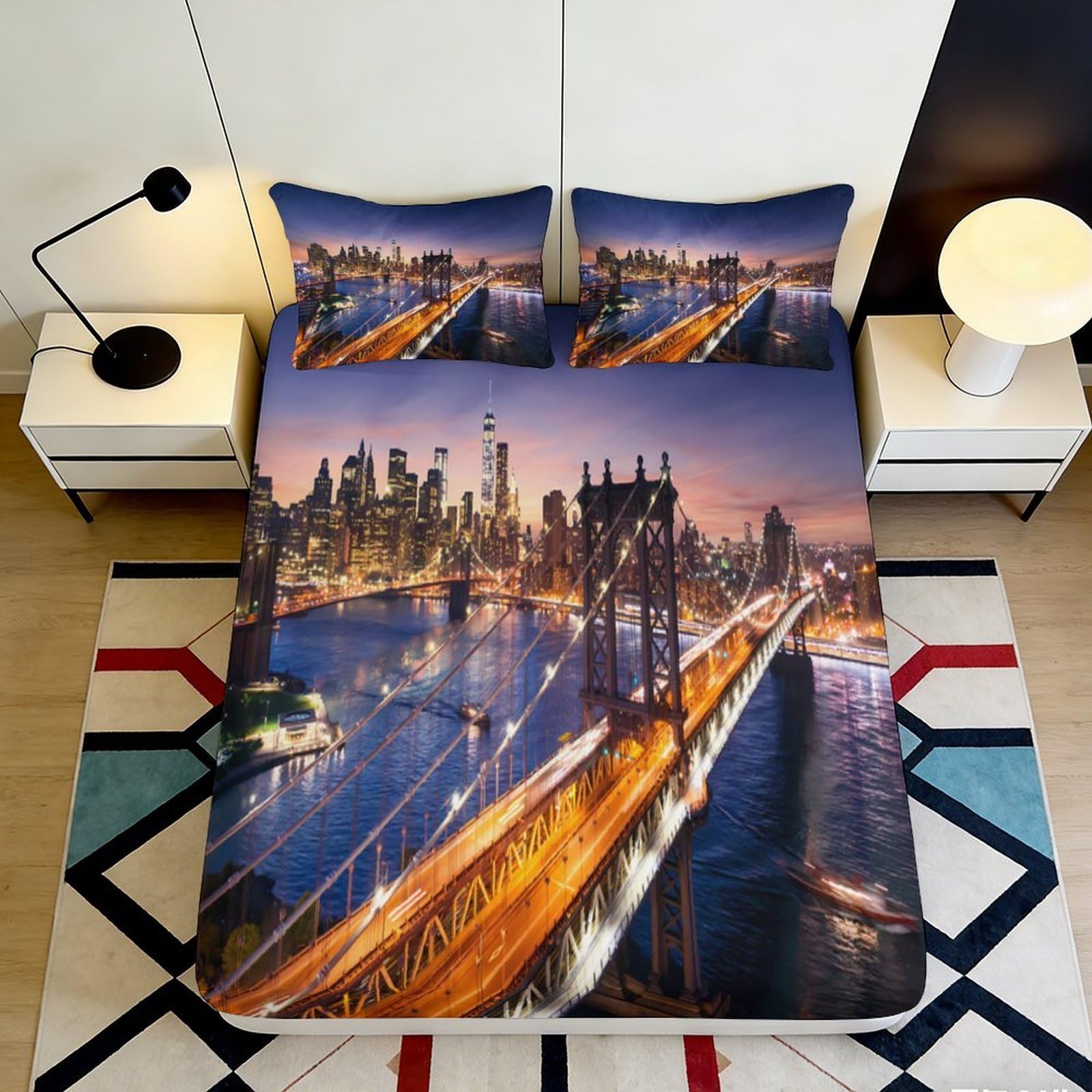 3D Printed City Nightscape Fitted Sheet Microfiber Non-Slip Deep Pocket Bedroom Bedding Set City Mattress Fitted Cover for All Ages 90x200x25cm