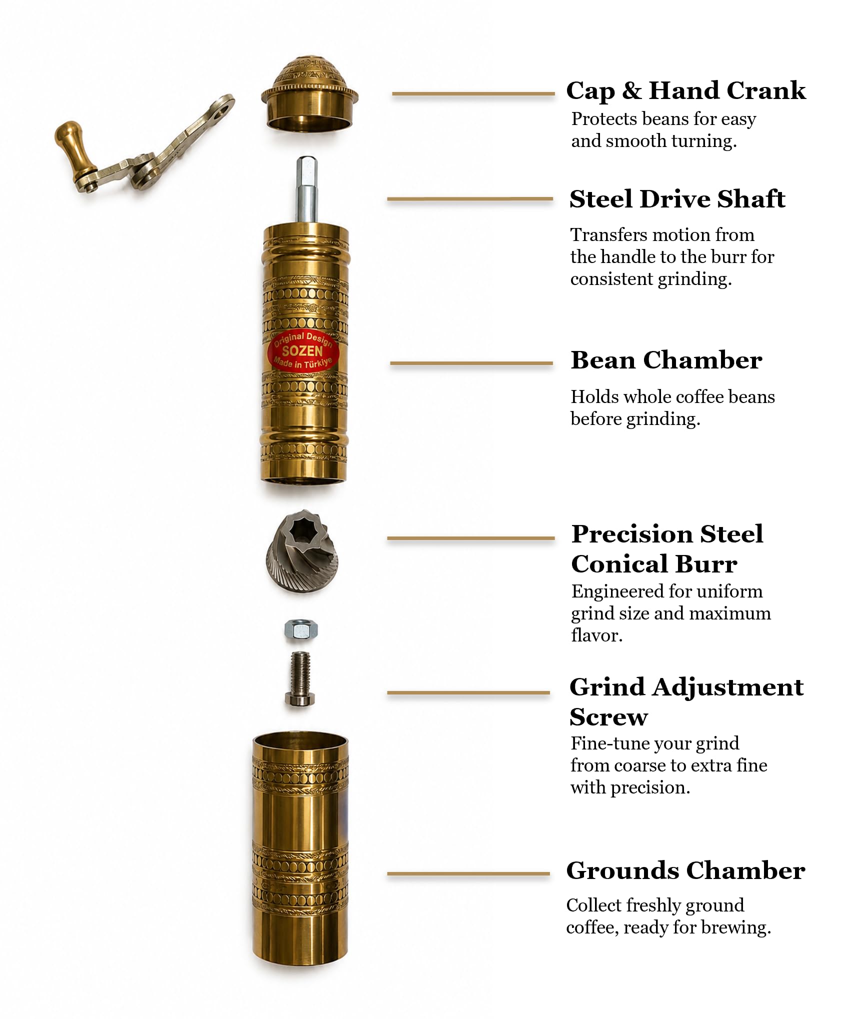 Sozen Hammered 9 Manual Coffee Grinder Brass Hand Crank Burr Mill for Turkish Coffee French Press Espresso Camping & Home Use Portable Coffee Bean Grinder Adjustable Conical Grinder product thumbnail 3