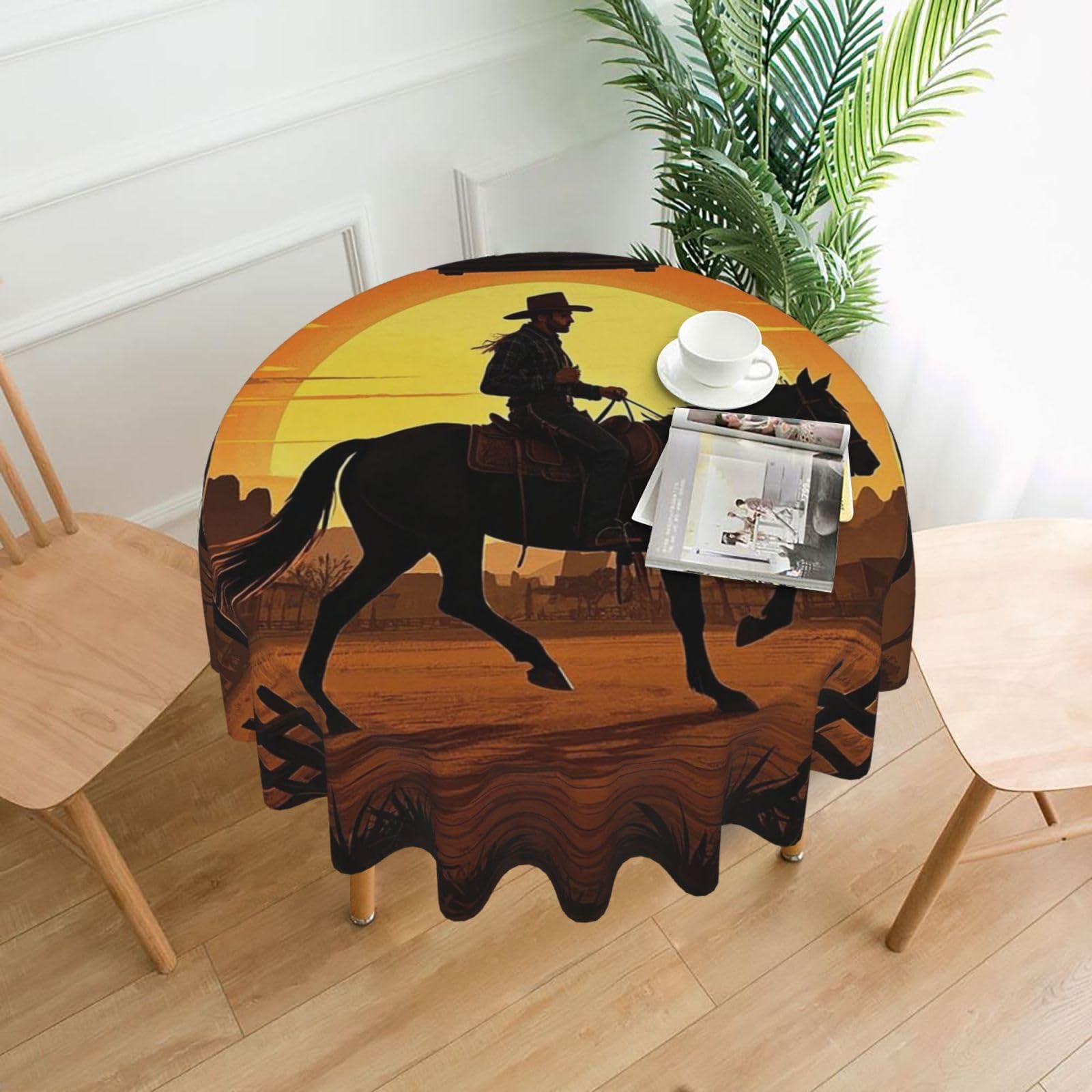 FodPand Cowboy Riding Ranch Desert Tablecloths for Round Tables 60 Inch - Reusable Washable Dining Table Clothes - Stain and Wrinkle Resistant Decorative Fabric Table Cover for Wedding Party