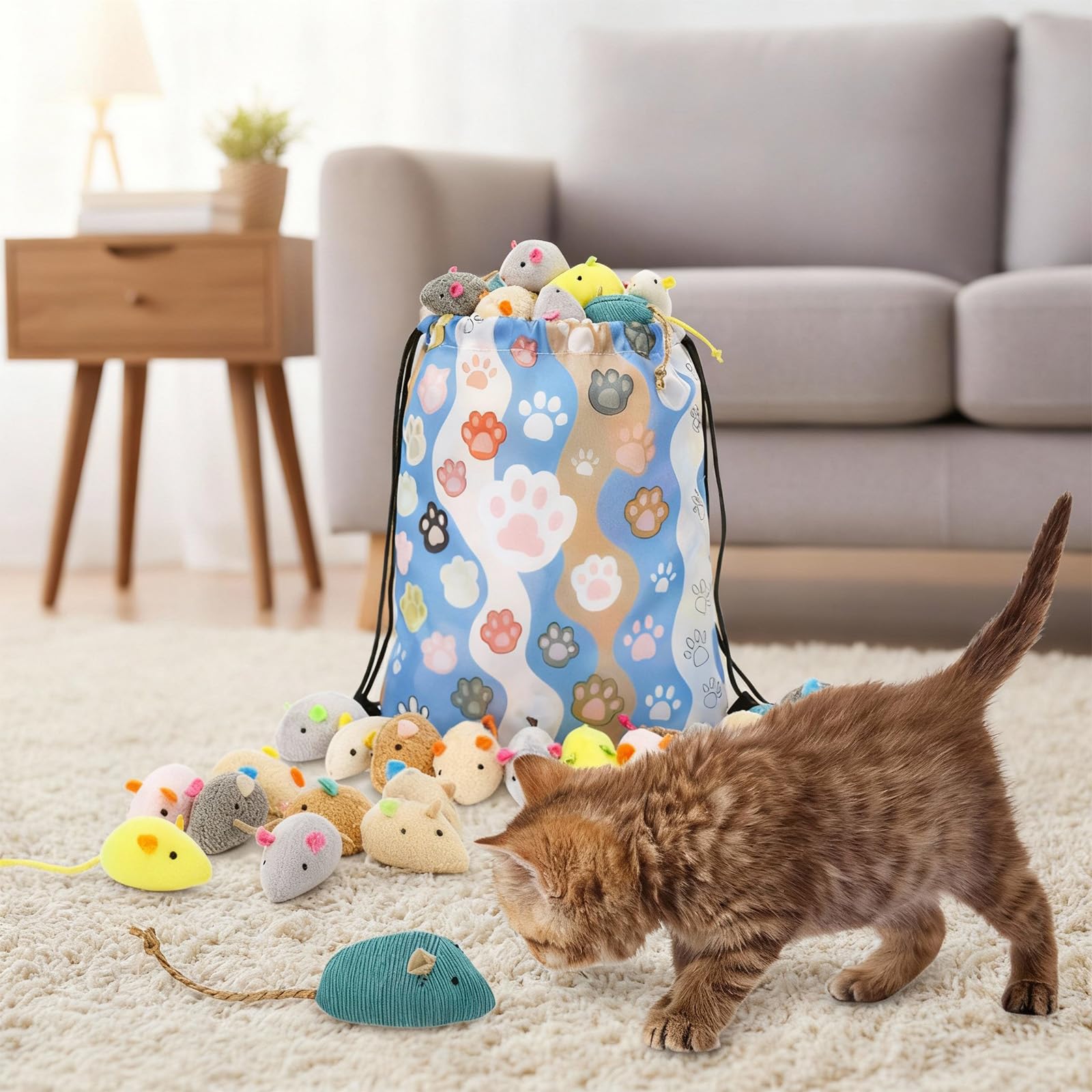 Leitee Paquete de 50 juguetes surtidos de ratones para gatos a granel con 1 bolsa de almacenamiento de regalo de pata de gato, ratón peludo, gatito, animales, juguete de limpieza de dientes, mini