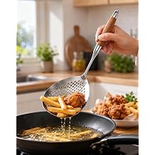 Stainless Steel Skimmer Spoon with Wooden Handle, Spider Strainer Ladle for Frying, Pasta, Noodles, Dumplings, Hot Pot, Soup, Cooking and Quick Draining small