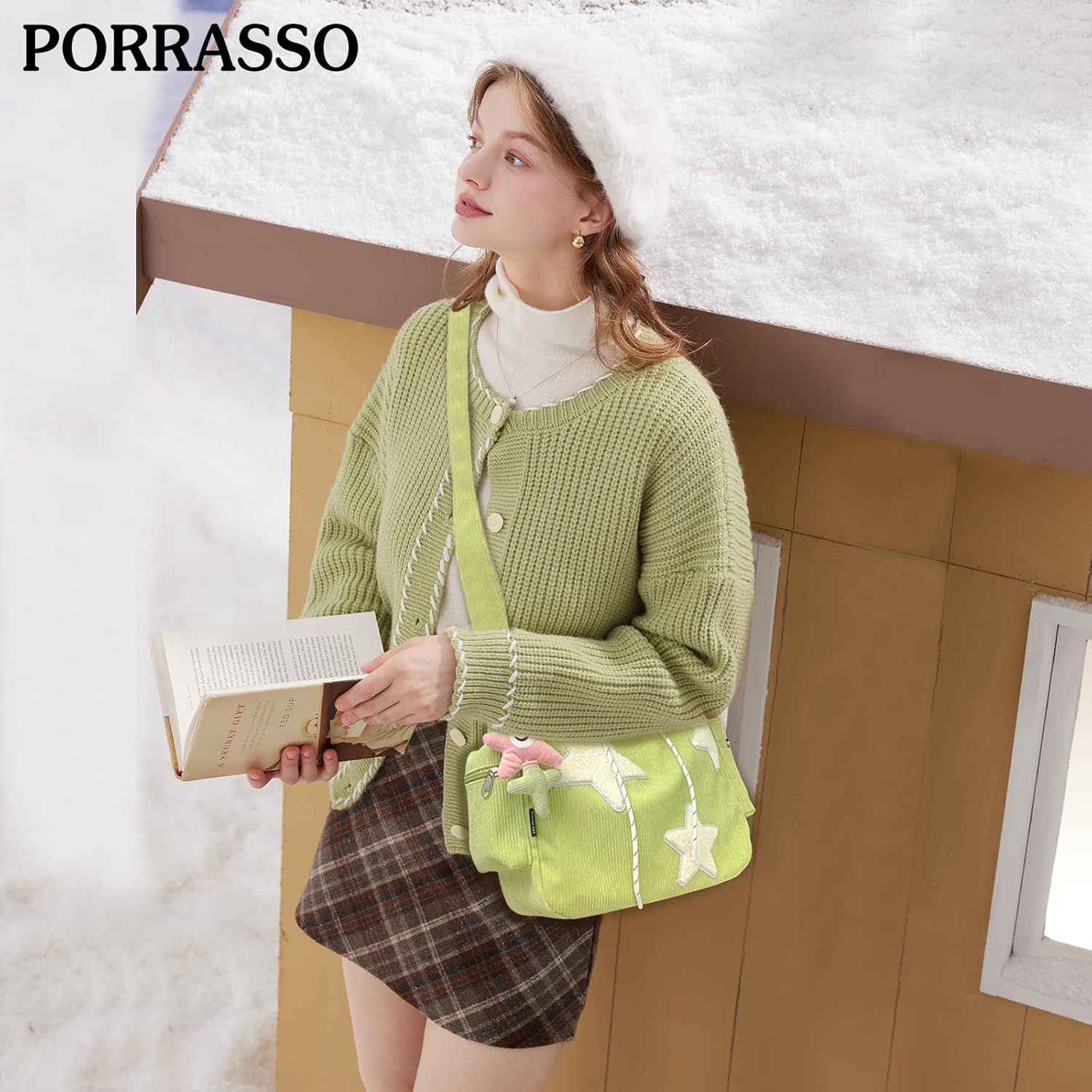 PORRASSO Corduroy Crossbody Bag Shoulder Bag Tote Messenger Bag with Pendant Women Satchel for Dating Travel Daily Use Green