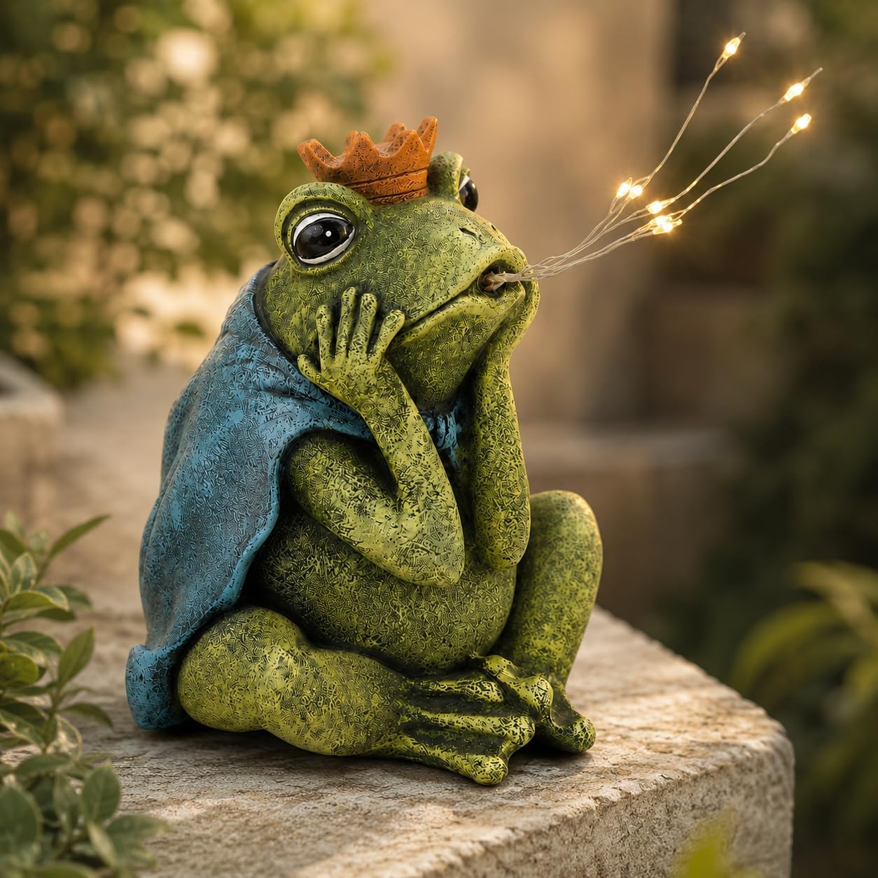 Solar Frog Garden Statue with Warm LED Wire Lights, 7.5 Inch Frog Prince Outdoor Decor, Lighted Resin Figurine for Garden Patio Porch Yard, Gardening Gift for Women Mom Grandma