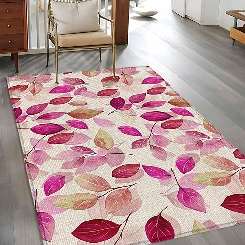 Miniatura 3 de 4x6 Area Rugs, Red Pink Leaves Non-Skid Rubber Backing Large Rectangle Rugs - Living Room Bedroom Home Office, Botanical Abstract Color Retro Plants