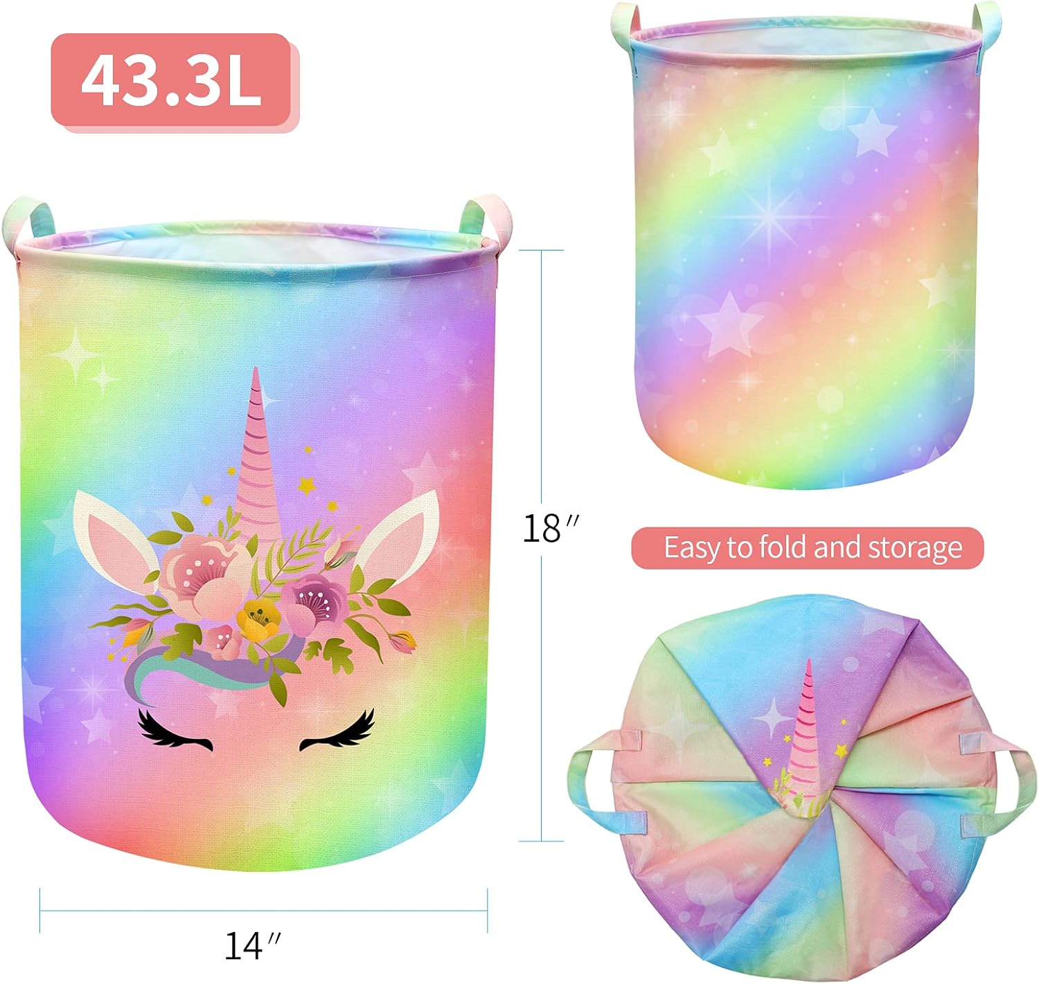 Unicorn Laundry Basket Hamper Large Sized Round Storage Basket Waterproof Bin Collapsible Laundry Basket for Girls Room Organizer, Bedroom Nursery Playroom Clothes (43.3L Cute Unicorn Laundry)