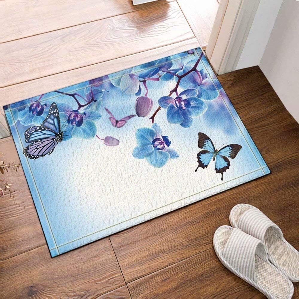 FEIYANG Fantasy decoration flower blue butterfly Bathroom carpet anti-slip door mat floor entrance outdoor indoor front door mat children bathroom mat 60X40CM bathroom accessories