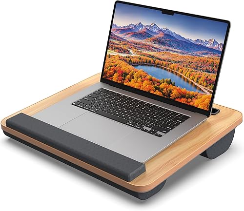 Miniatura 9 de Escritorio de regazo para laptop, escritorio portátil grande para cama, mesa de hasta 17 pulgadas con reposabrazos, alfombrilla de ratón, ranura