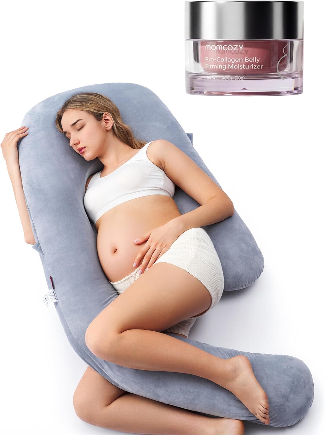 Momcozy Maternity Comfort Bundle: Full Body U-Shaped Pregnancy Pillow & Hydrating Stretch Mark Cream - Total Body Support & Skin Care Set - Essential Pregnancy Registry Gift for Expecting Mothers