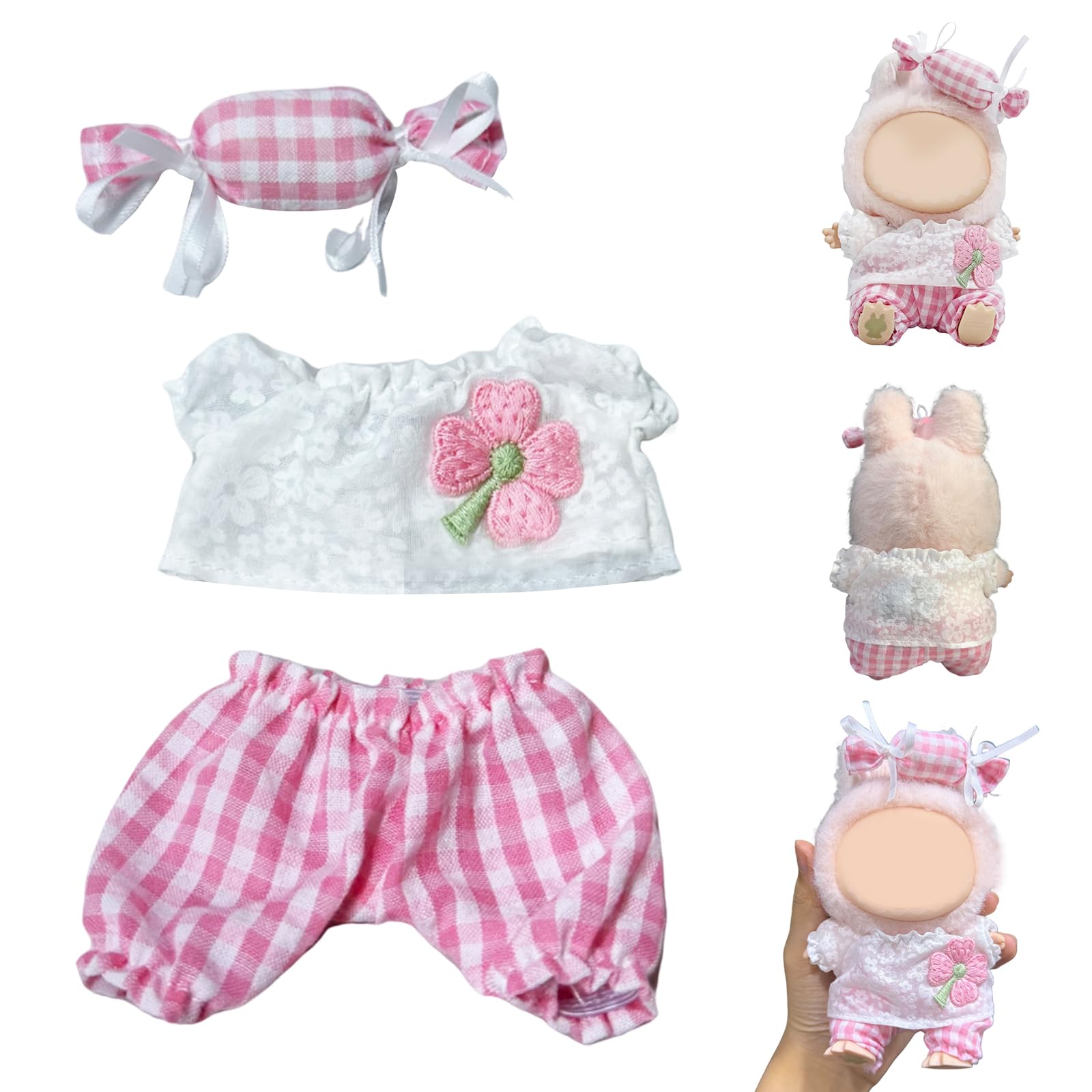GenericClothes for Labubu with 3 Outfits ,Candy Hair Clip/Pink Flower Dress Up Costume Set Compatible with Labubu 17cm Dolls for Play, Display & Collectibles (Doll Not Included) (Color Style-M)