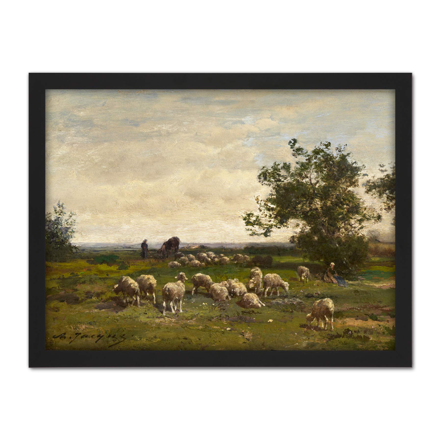 Artery8 Charles Emile Jacque Landscape With Sheep C1855 Painting Artwork Framed Wall Art Print 18X24 Inch