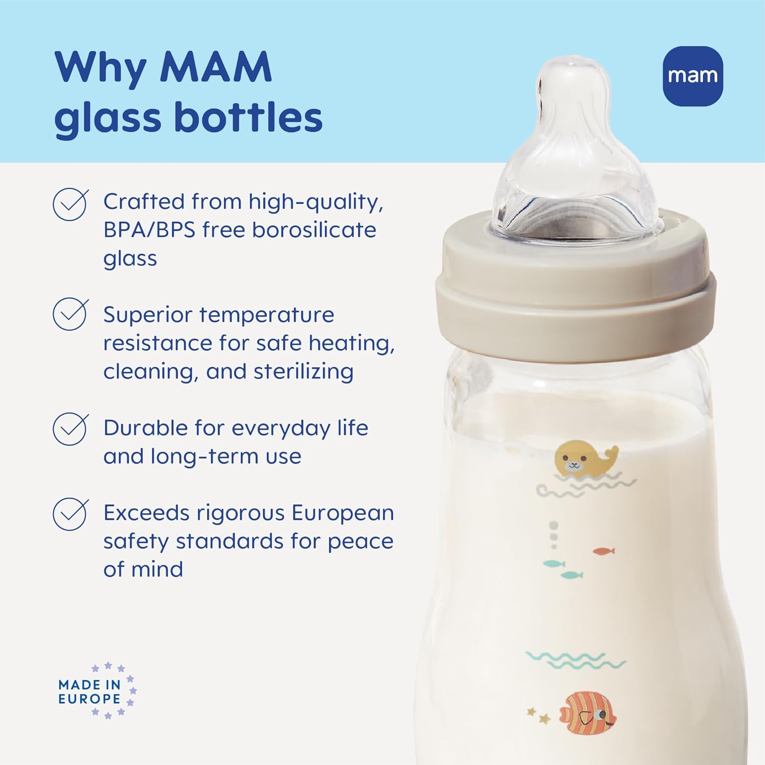 MAM 6oz Premium Glass Wide Neck Baby Bottle with Slow Flow Breastfeeding-Like Silicone Nipple, Easy to Clean,BPA Free, 0+ Months, Easy Switch Between Breast and Bottle, Made in Europe, 3 Pack Girl - Image 3