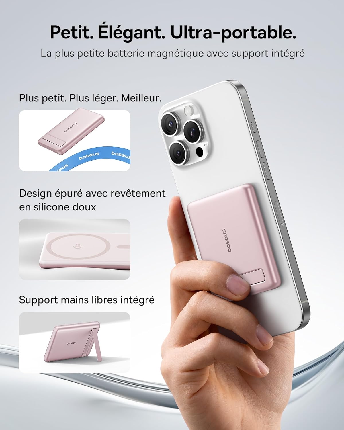 Baseus Mini MagSafe Powerbank attached to an iPhone, held in hand, showcasing its compact size and integrated kickstand.