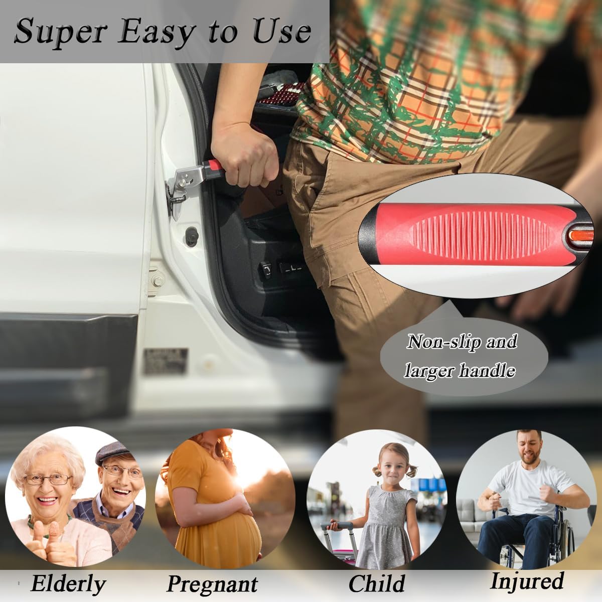 Foldable Car Door Handle for Elderly with Adj. Standing Aid Safety Handle, Portable Car Assist Handle for Elderly, Auto Cane, Car Handle Assist for Elderly Car Door Handle to Get in and Out of Car Red