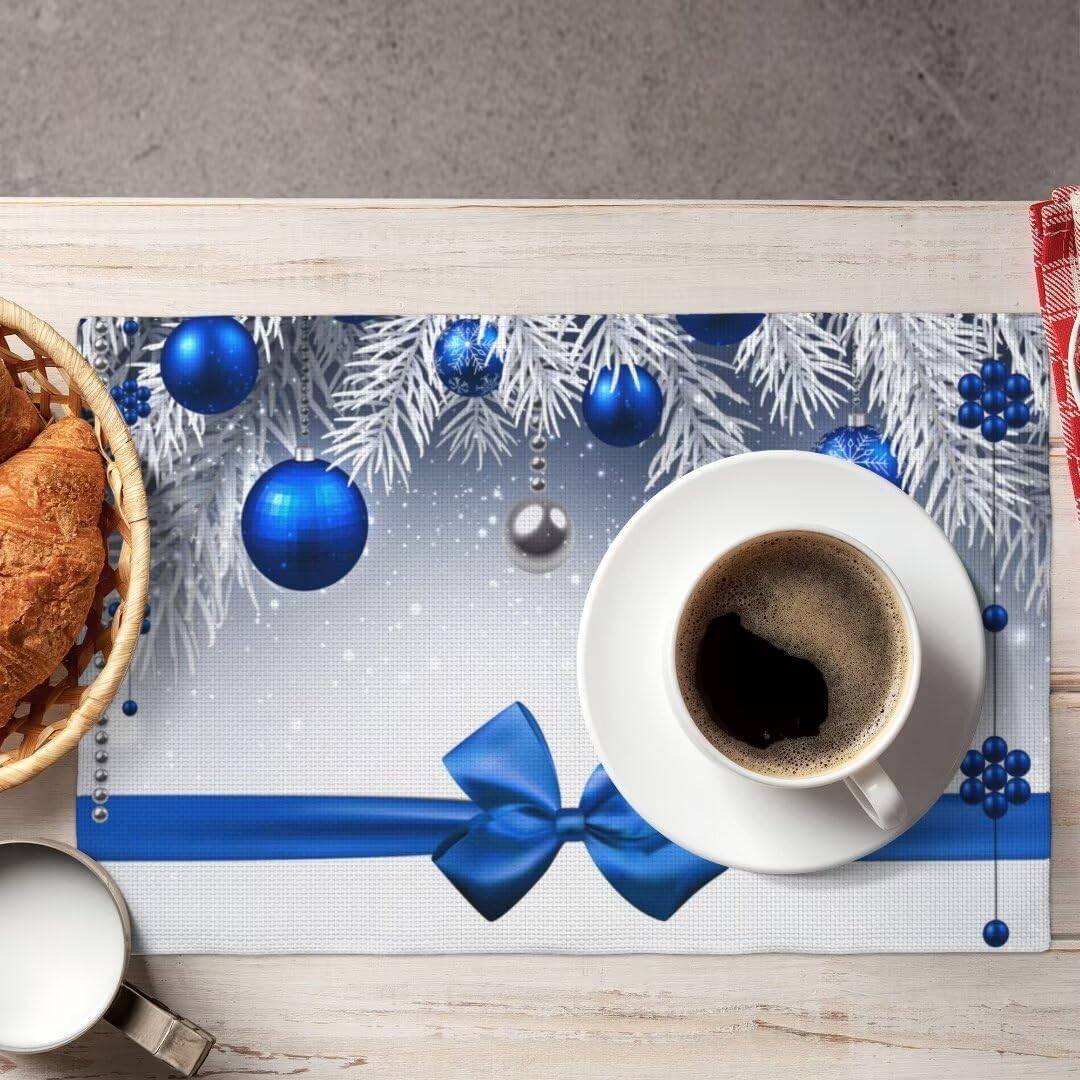 Blue Christmas Placemats, Xmas Blue Bow Balls Silver Pine Branches Print Table Mats for Party Kitchen Dining Decoration, 12x18 Inch, 6PCS
