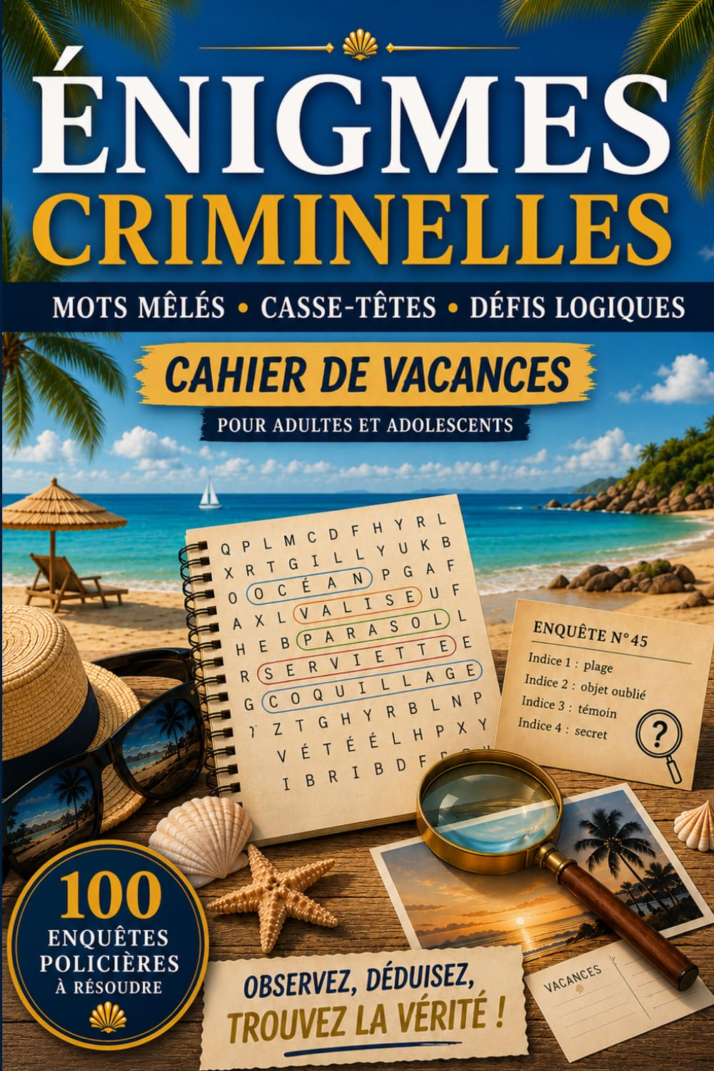Énigmes criminelles: 100 enquêtes policières à résoudre | Cahier de vacances pour adultes et adolescents | Mots mêlés, casse-têtes et défis logiques
