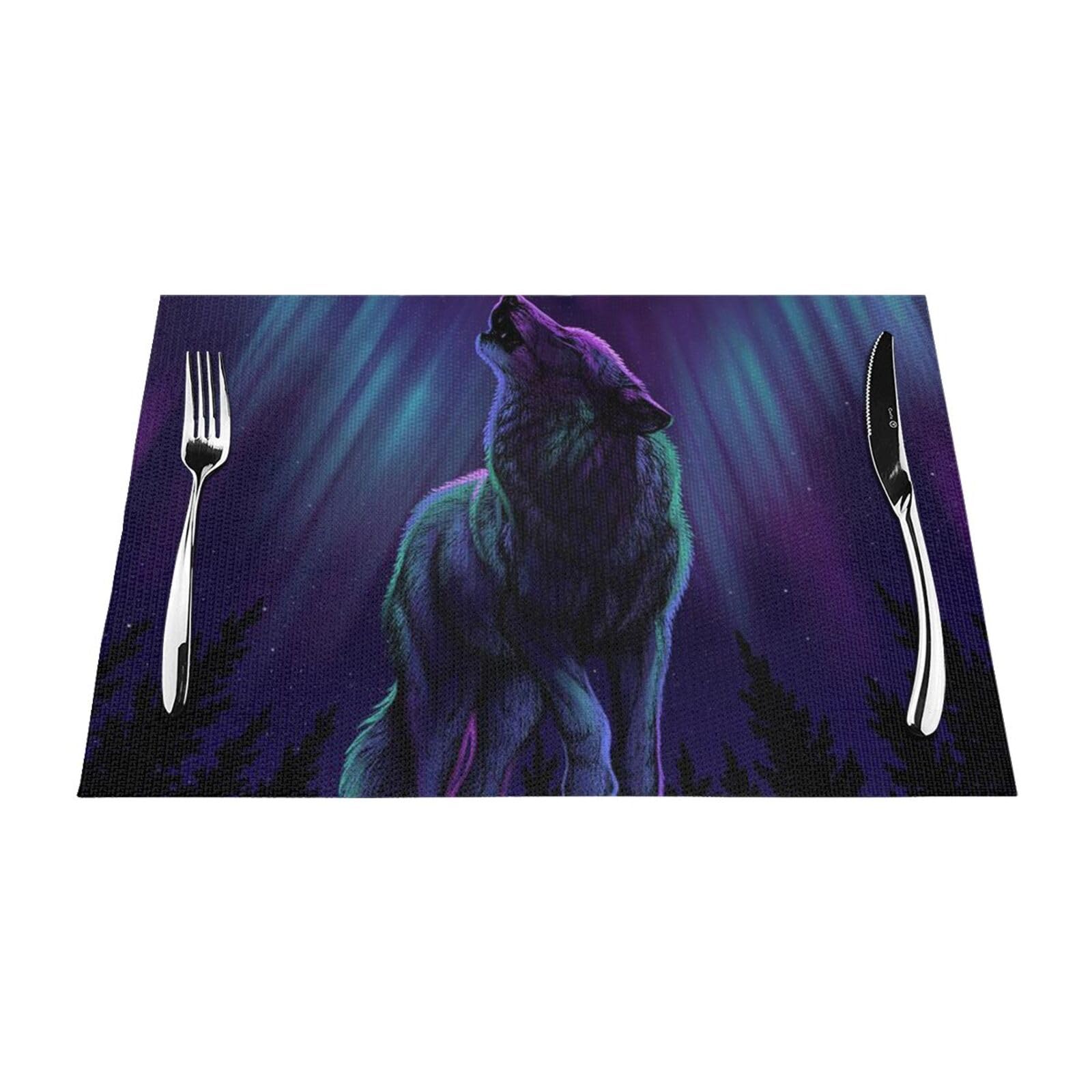 PVC Placemat Set of 4 PCS, 45x30 CM, Wolves Howl in the Northern Lights Printed Non-Slip Heat Resistant Place Mats for Kitchen Dining Table Indoor Outdoor