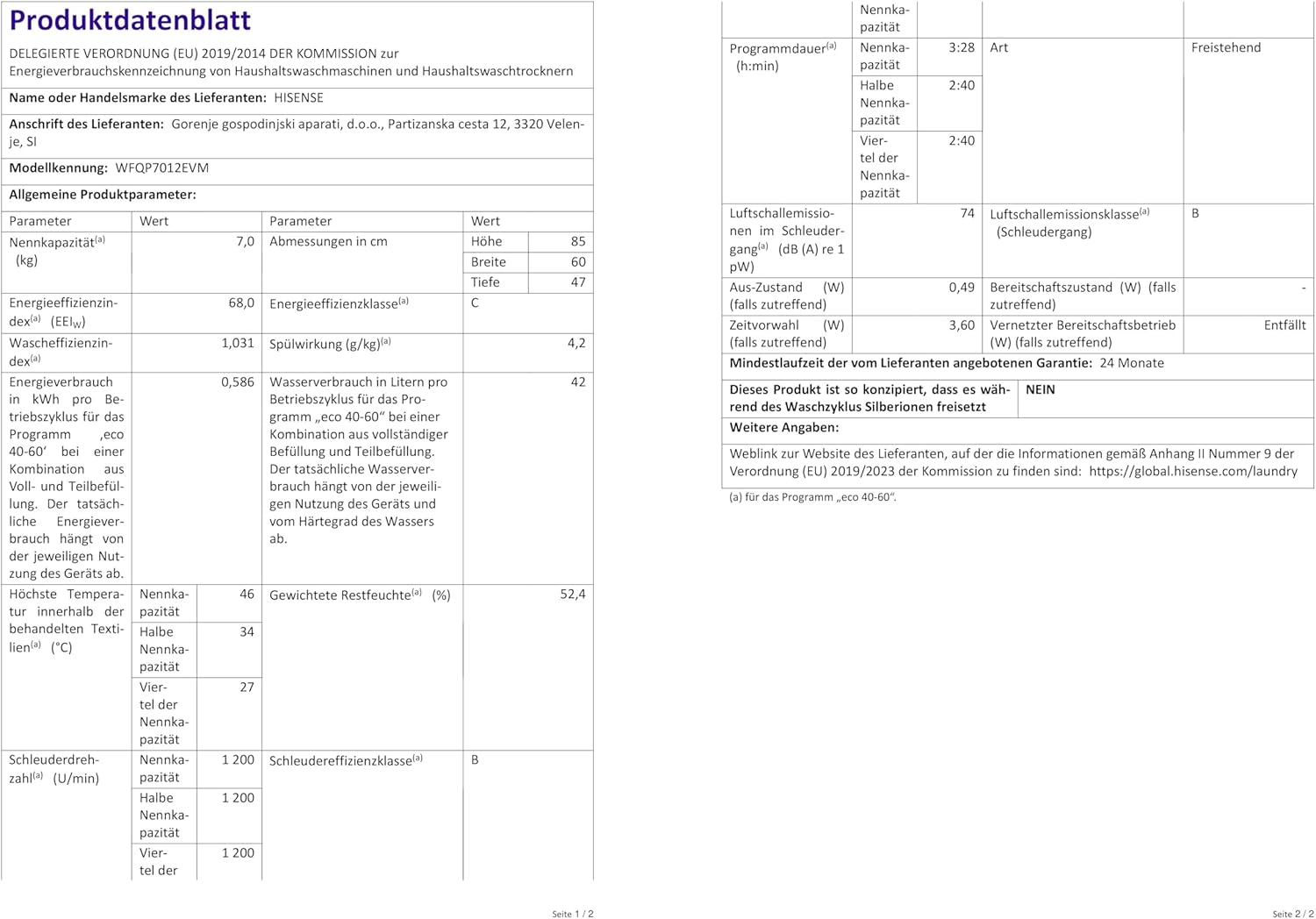 Hisense WFQP7012EVM Washing Machine with dimensions labeled