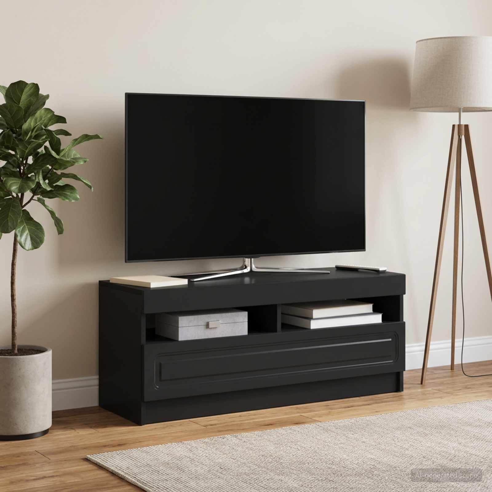 Drewniana szafka pod telewizor LED, nowoczesny design, oszczędność miejsca