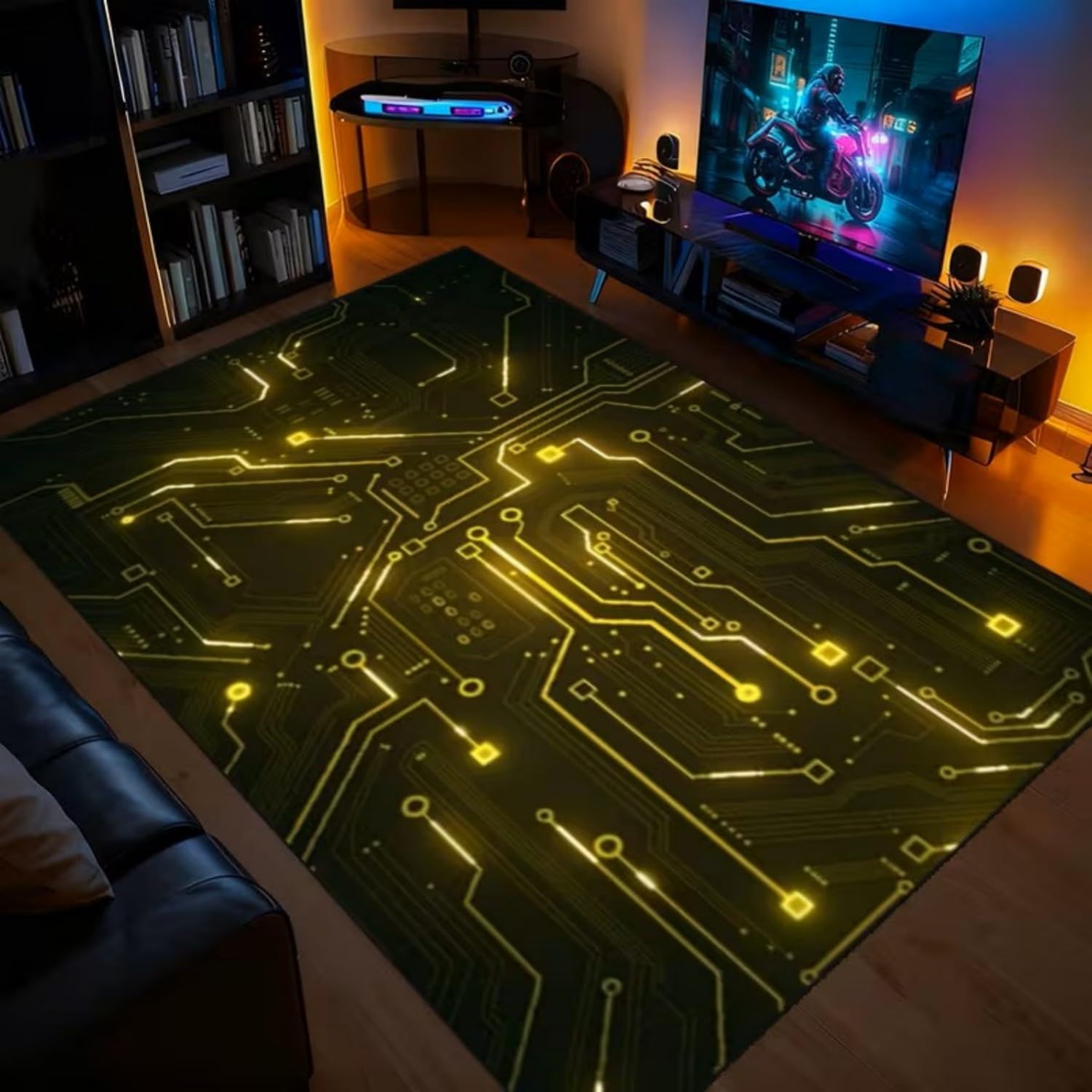Tech Digitales Design Teppich 60x110cm, Leiterplatten Muster, Weicher Kurzflor Gamer Teppich, Waschbar & rutschfest für Zocker-Zimmer, Büro, Groß Nerd Zimmer Deko
