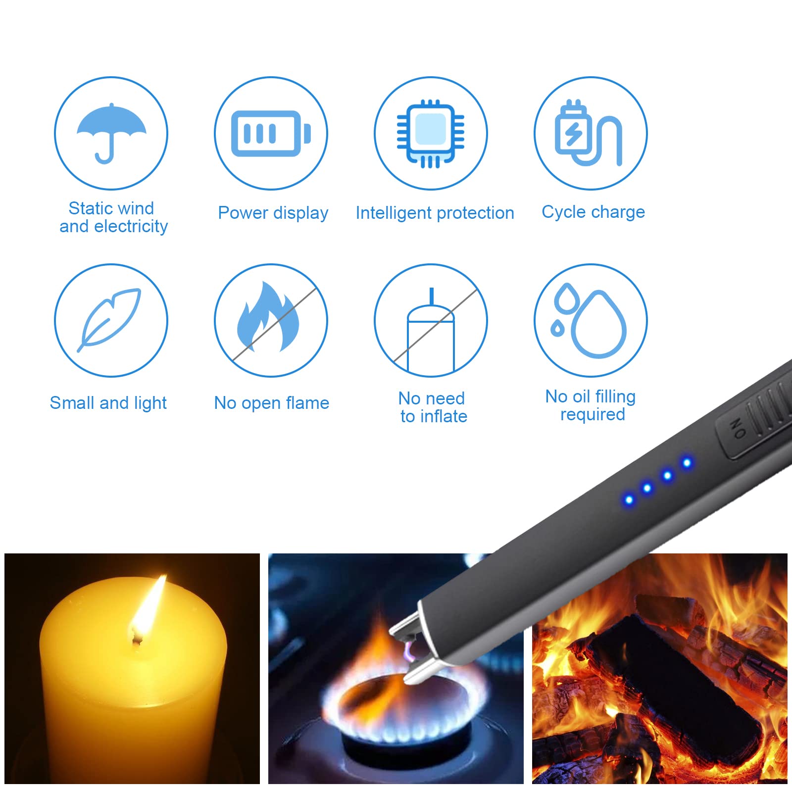 Rouclo Lichtboogaansteker, elektronische aansteker, USB-oplaadbaar, met USB C oplaadkabel, elektrische aansteker, staafaansteker, elektrisch voor het aansteken van kaarsen, campinggrill (Grijs