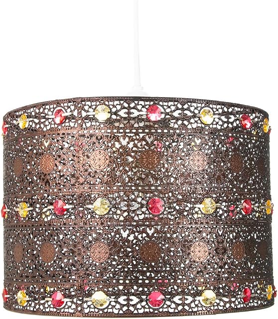 Antique Bronze Acrylic Gem Moroccan Style Chandelier Pendant Light Shade Fitting with Red and Amber Beads | 60w | 24cm Diameter | Quality Made Product by Happy Homewares