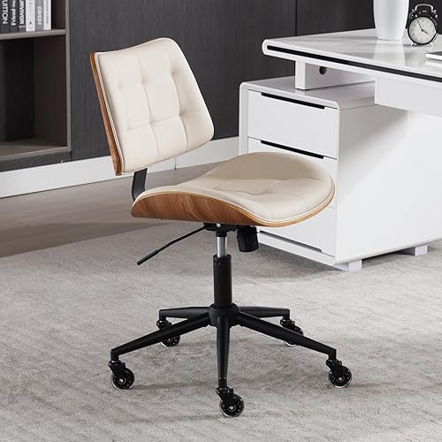 Miniatura 4 de Silla de escritorio de oficina en casa con ruedas, silla de oficina sin brazos de altura ajustable, piel sintética, respaldo medio, silla de