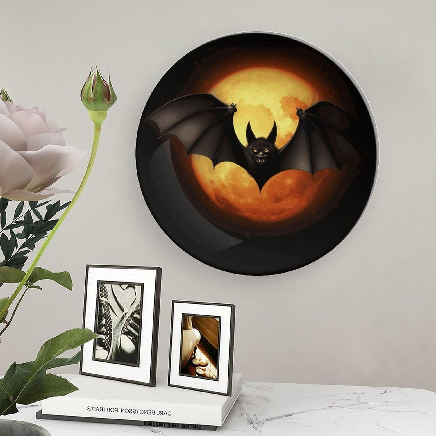 Halloween Bat Bone China Decorative Plate with Display Stand, Ceramic Ornaments Plate for Wall Hanging, Personalized Porcelain Plates for Office, Living Room 8inch