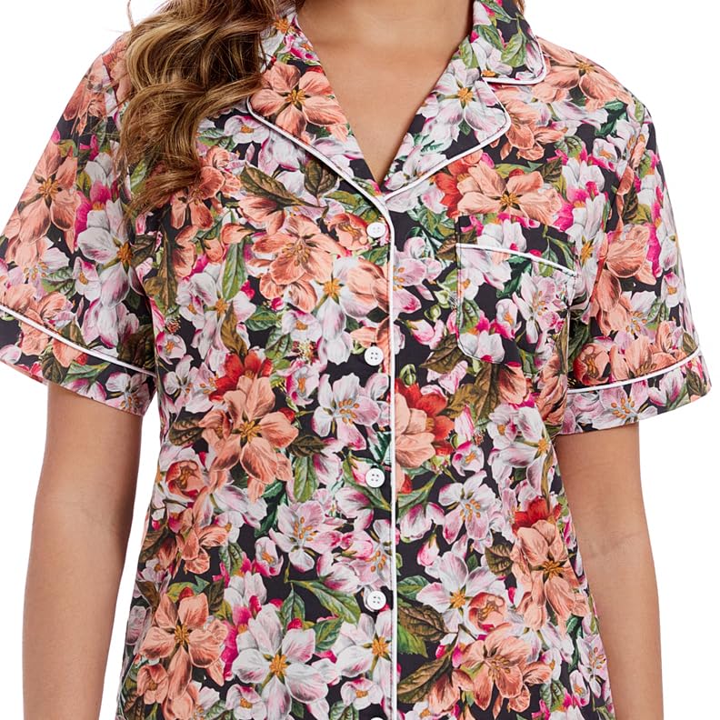 Image of LUBOT 100% Cotton Pajamas for Women 2 Piece PJ Set Poplin Woven Lightweight Ladies Button Short Sleeve Sleepwear S-XXL