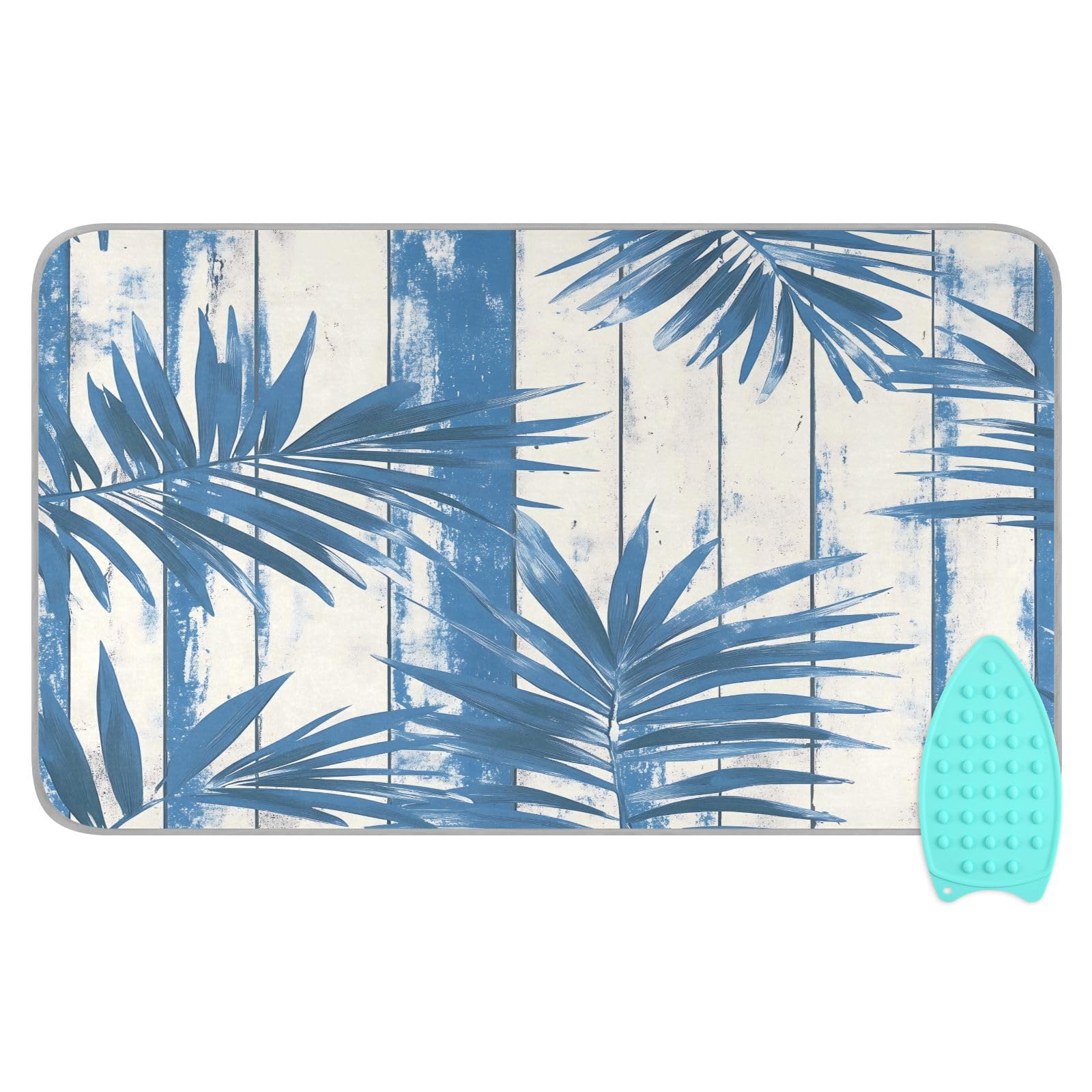 pnyoin Portable Ironing Mat Blue Striped Leaves Travel Ironing Pad with Silicone Iron Rest for Steam Pressing on Tabletop or Bed Heat Resistant Portable Quilting & Travel Blanket