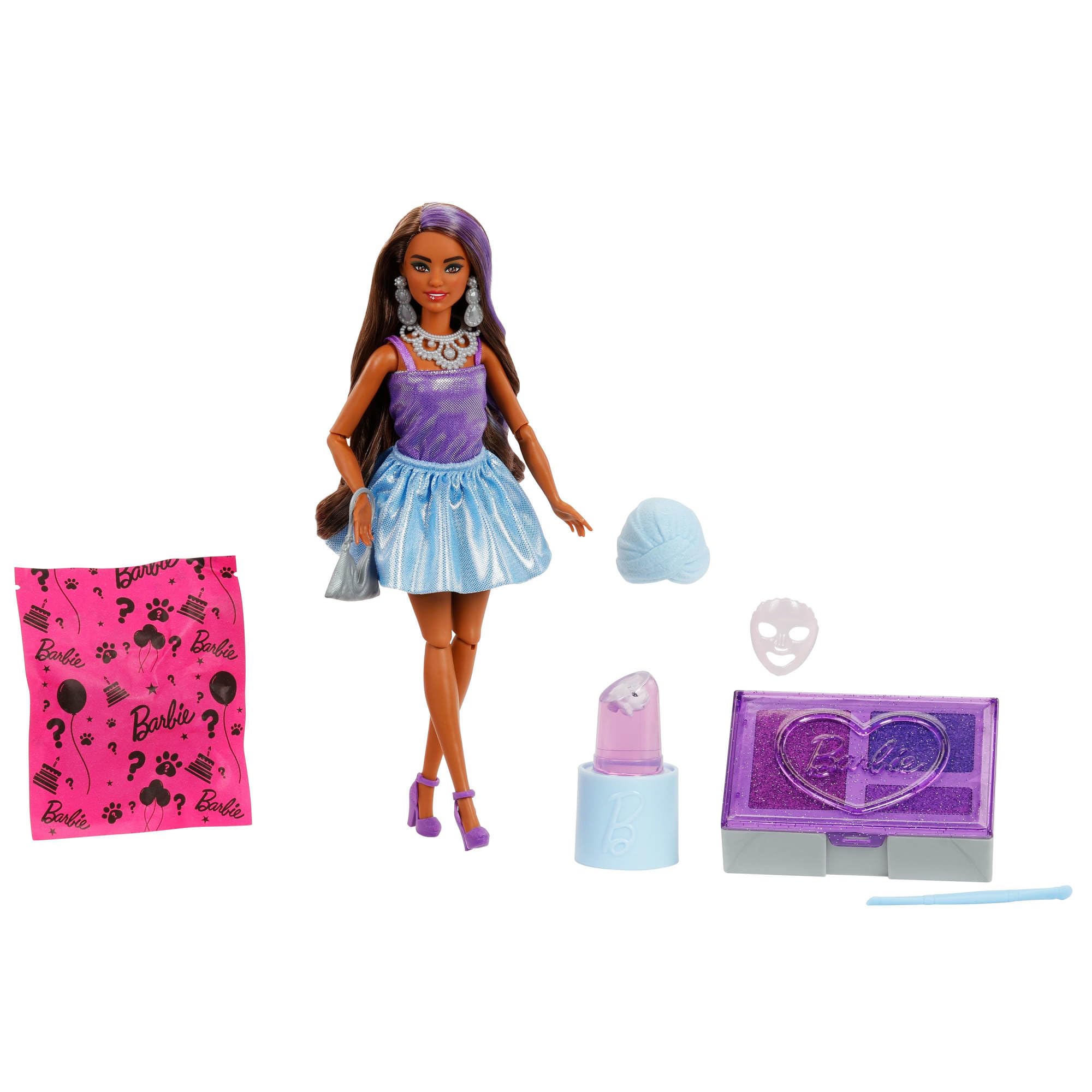 Barbie Party Unboxed Puppe und Accessoires, Glam Party Serie mit 10 Überraschungen, darunter eine Violette glitzernde Puppe mit Farbwechseleffekt, JFY66