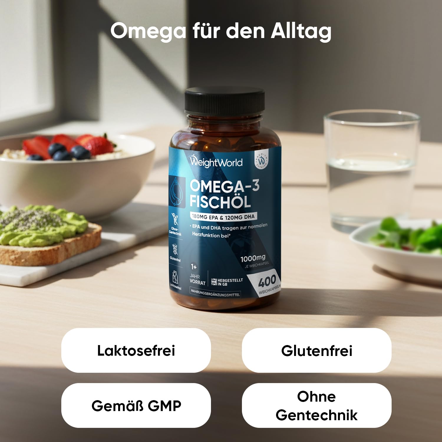 Omega 3 Kapseln - 400 Weichkapseln - 1+ Jahr Vorrat - IFOS Zertifiziert - 1000mg Fischöl pro WeichKapsel - Essentielle Omega 3 Fettsäuren mit EPA 180 mg, DHA 120mg - Fischöl Kapseln - WeightWorld