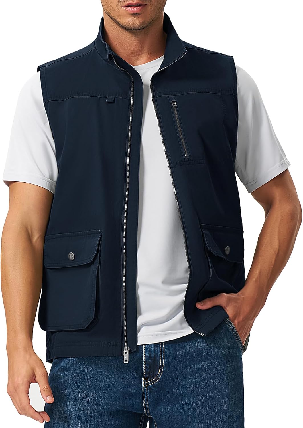 Rdruko Men's Safari Vest, Outdoor Travel Fishing Work Utility Outerwear 4 Pockets 100% Cotton Full Zip Photographer Casual