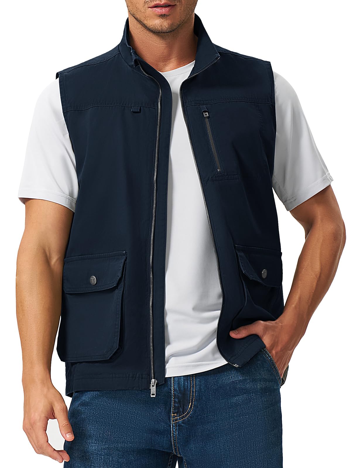 Rdruko Men's Safari Vest, Outdoor Travel Fishing Work Utility Outerwear 4 Pockets 100% Cotton Full Zip Photographer Casual