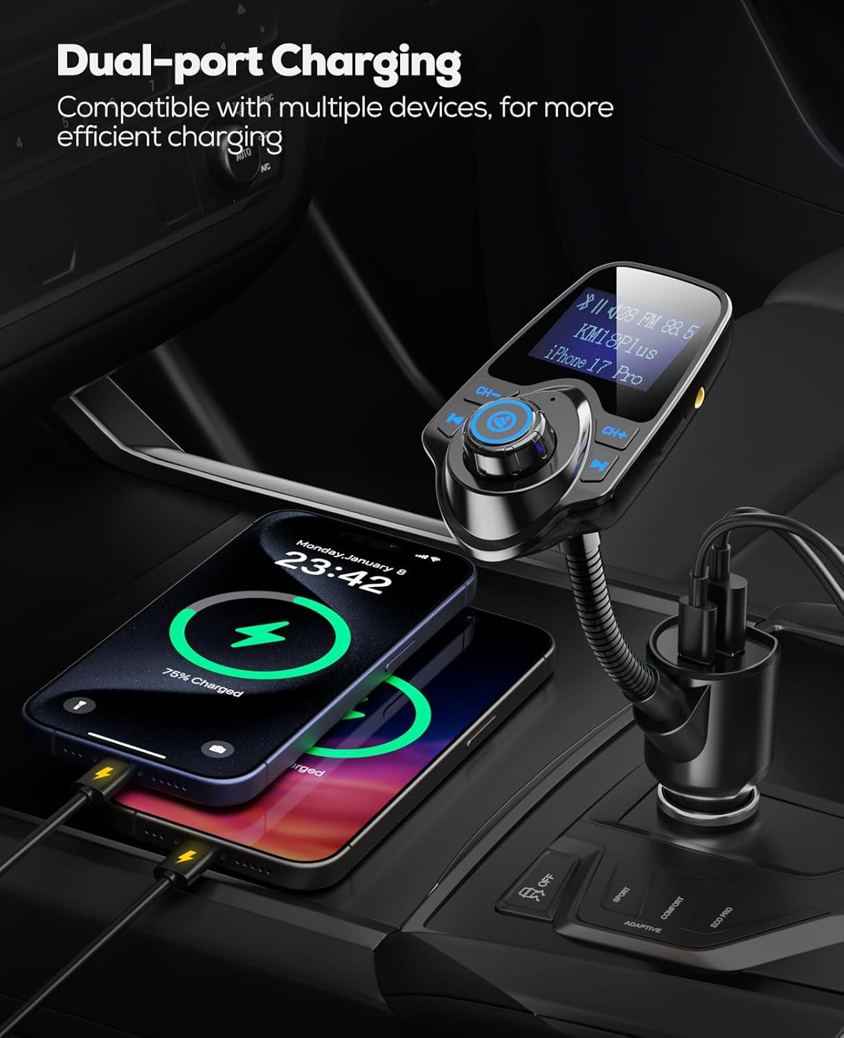 Nulaxy [2026 KM18 Upgraded Version] 48W Bluetooth 5.4 Car Adapter-KM18 Plus & Wireless in-Car Bluetooth FM Transmitter Radio Adapter-KM18