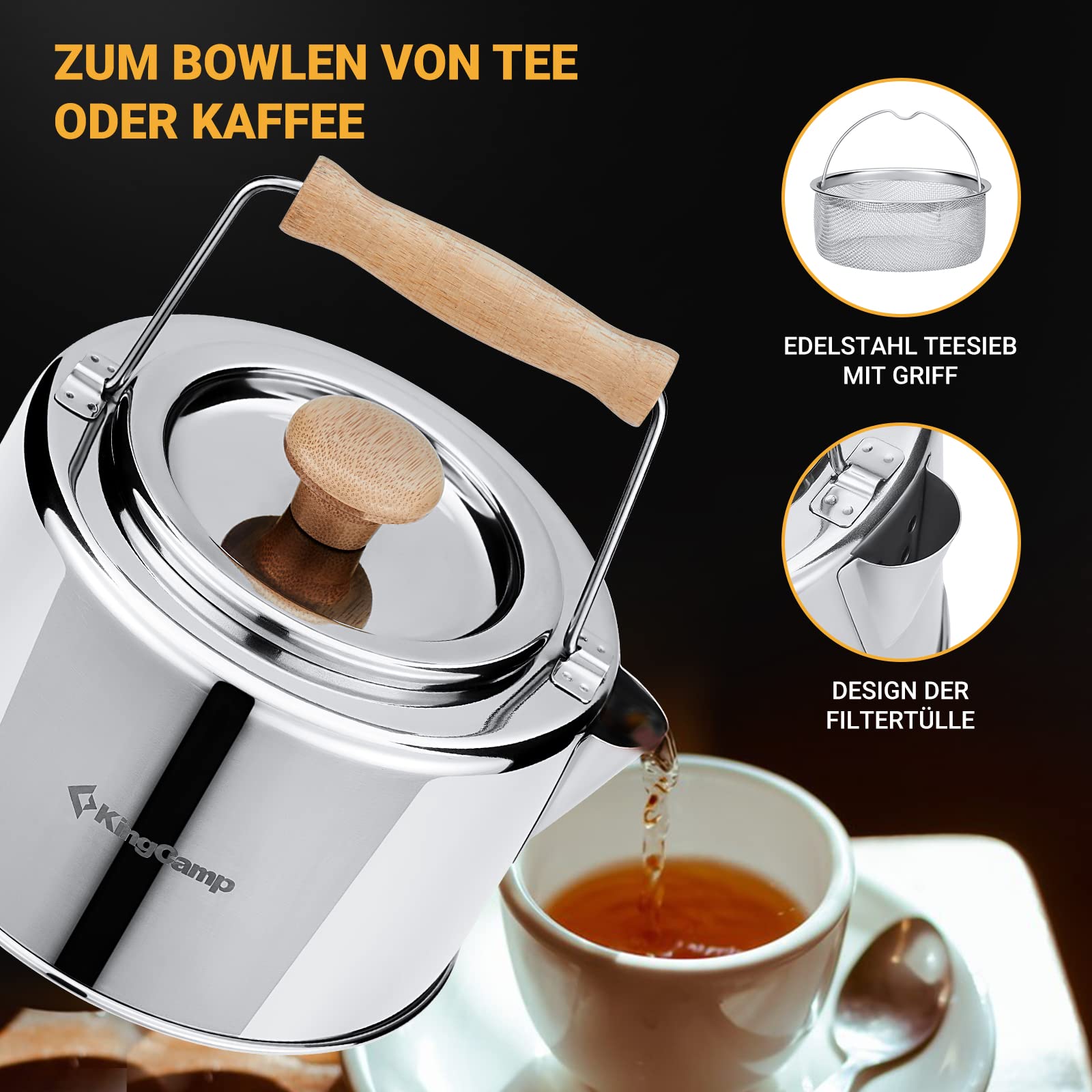 KingCamp Camping Wasserkocher 1,2L Edelstahl Teekanne mit hitzebeständigem Bambusgriff & Teesieb, Outdoor Wasserkessel für Gaskocher und Lagerfeuer, Leicht & Kompakt für Camping,Picknick und Wandern