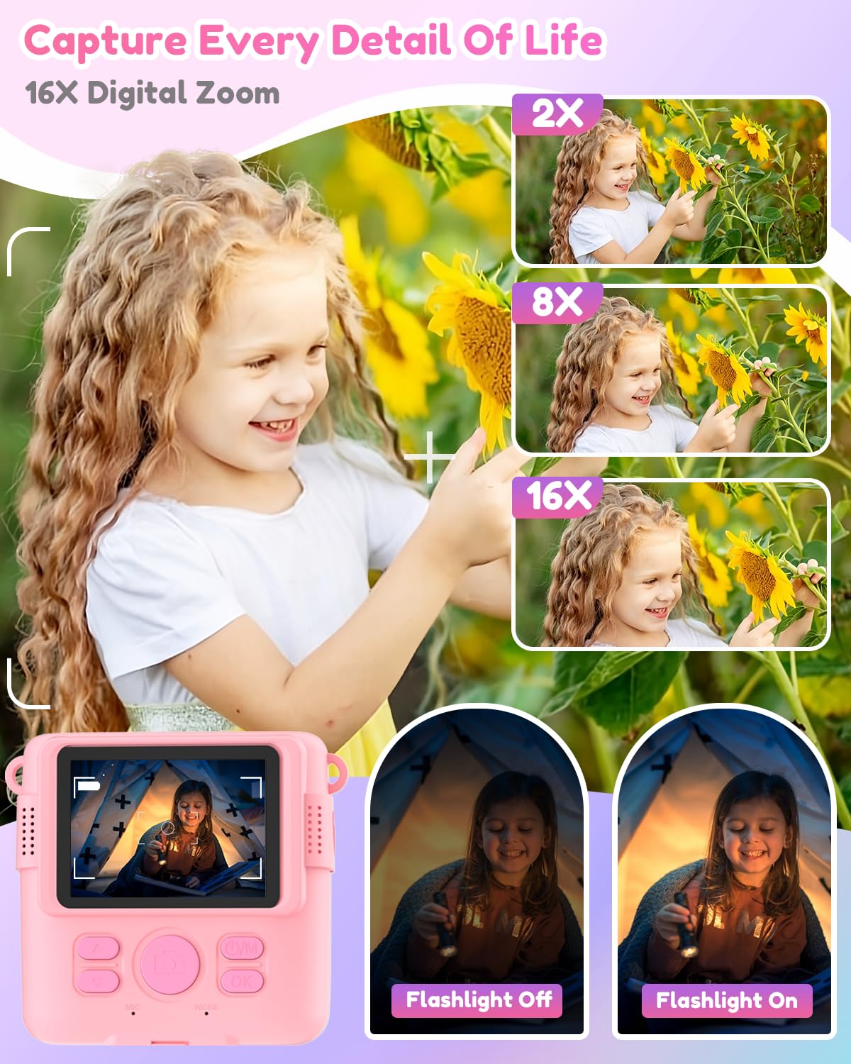 YORKOO Kids Instant Camera with Photo Paper, 1080P HD Digital Camera for Girls, Creative Gift for Children Age 4-10, Video Recorder, 32GB SD Card - Pink — view 3