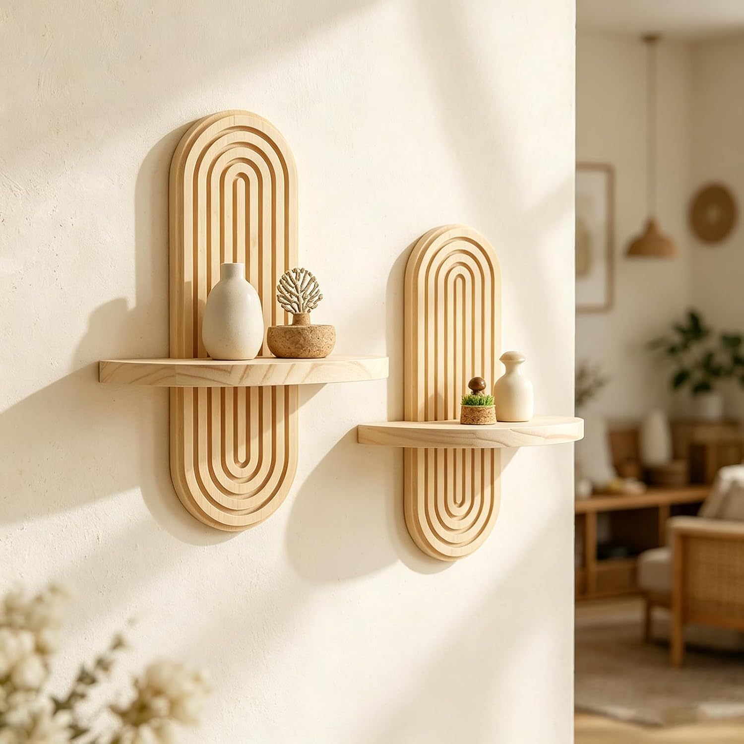 Boho Wall Decor Floating Shelves - Eco-Friendly Wood Wall Art for Living Room, Bedroom & Bathroom | Bohemian Minimalist Decor for Modern Home Decor Lovers
