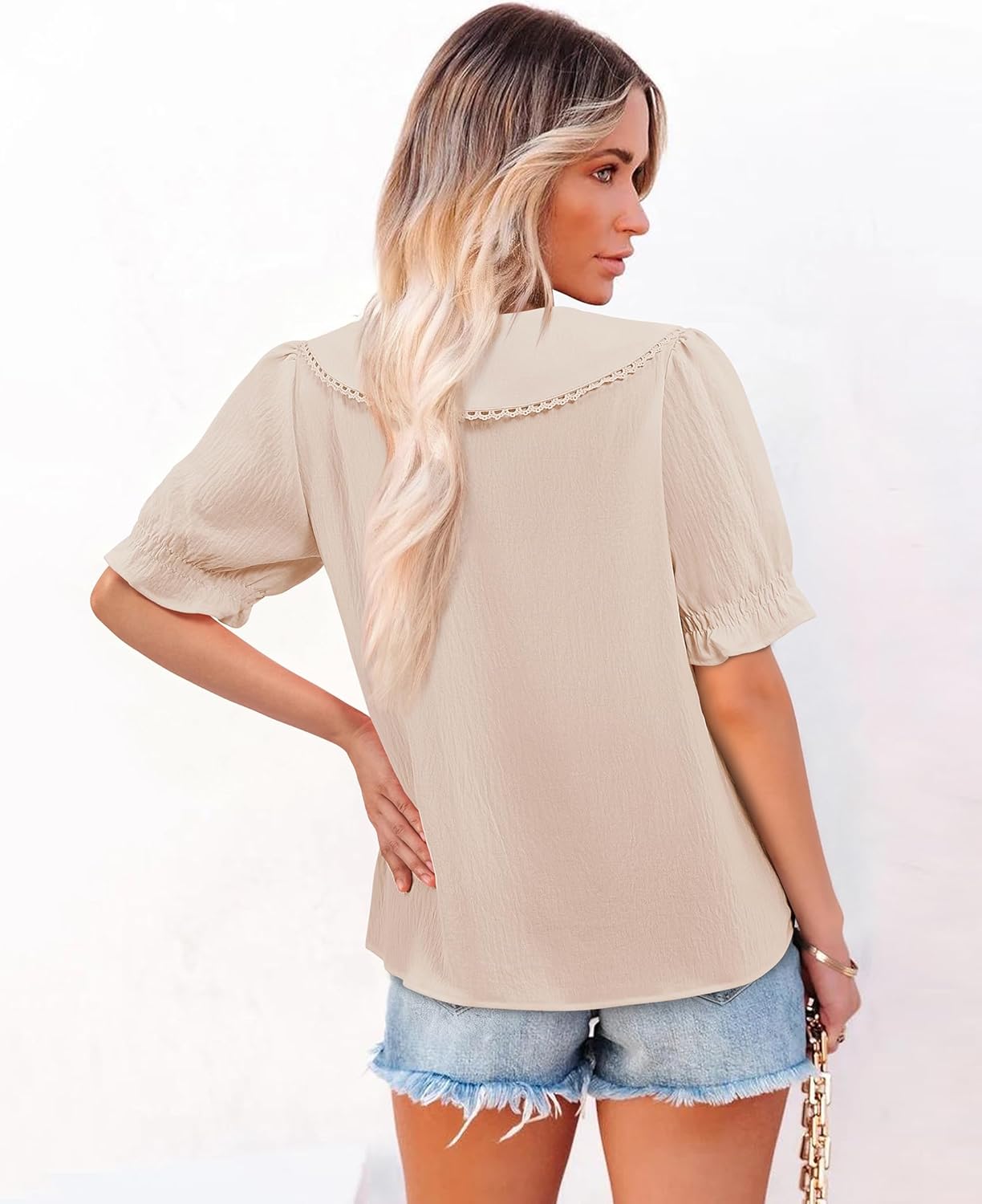 siliteelon Women's Short Puff Sleeve Ruffle Tops Bow Tie Front Shirts Peter Pan Collar 2026 Summer Cute Dressy Casual Blouses - Image 2