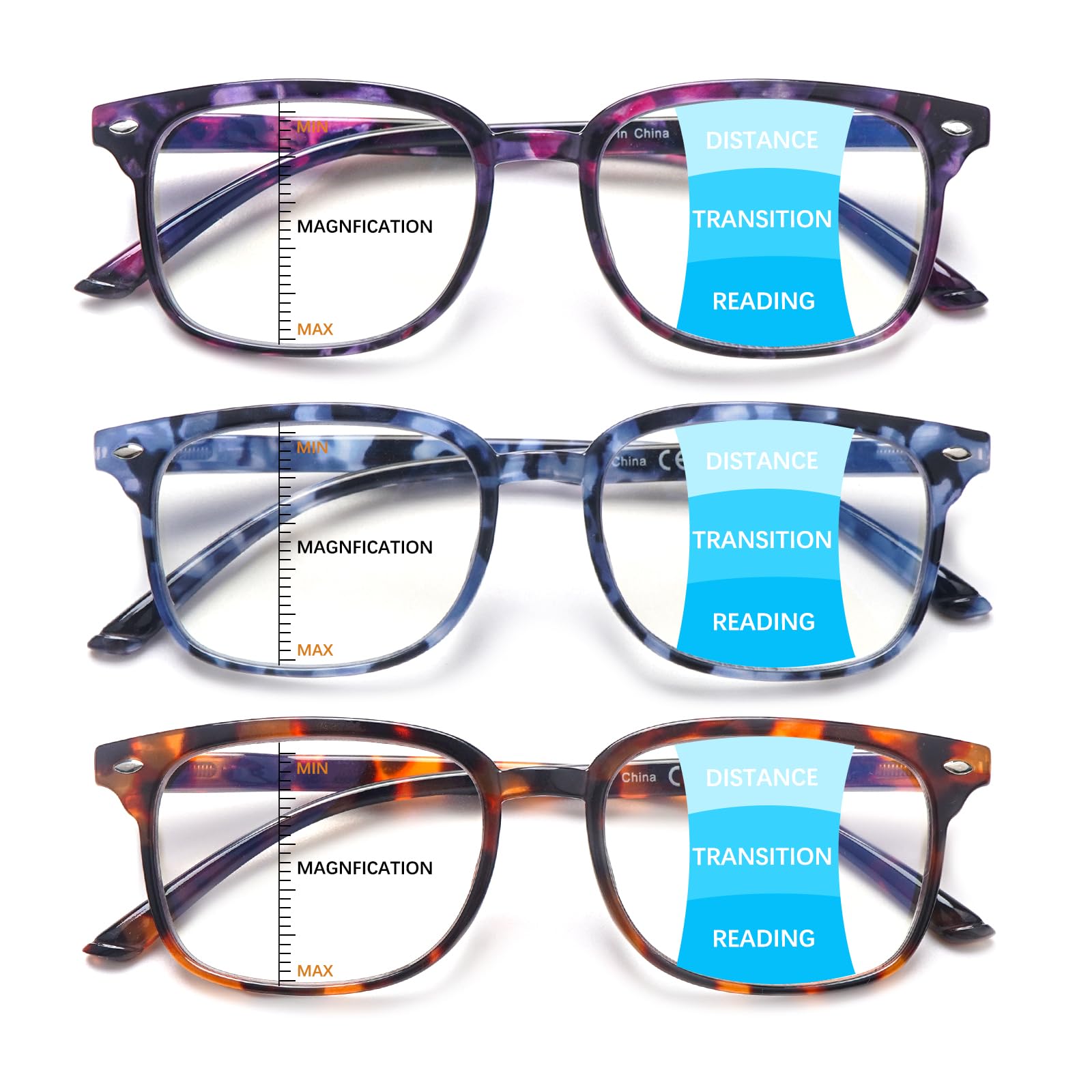 Progressive Multifocal Anti Blue Light Reading Glasses for Women and Men Fashion Eyeglasses Frame
