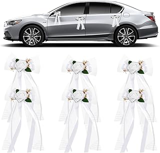 6 Stück Autoschmuck Hochzeit Autoschleifen mit Künstlicher Blume und Tüll für Rückspiegel und Türgriff, Auto Deko Hochzeit Hochzeitsauto Dekoration für Party Weißb