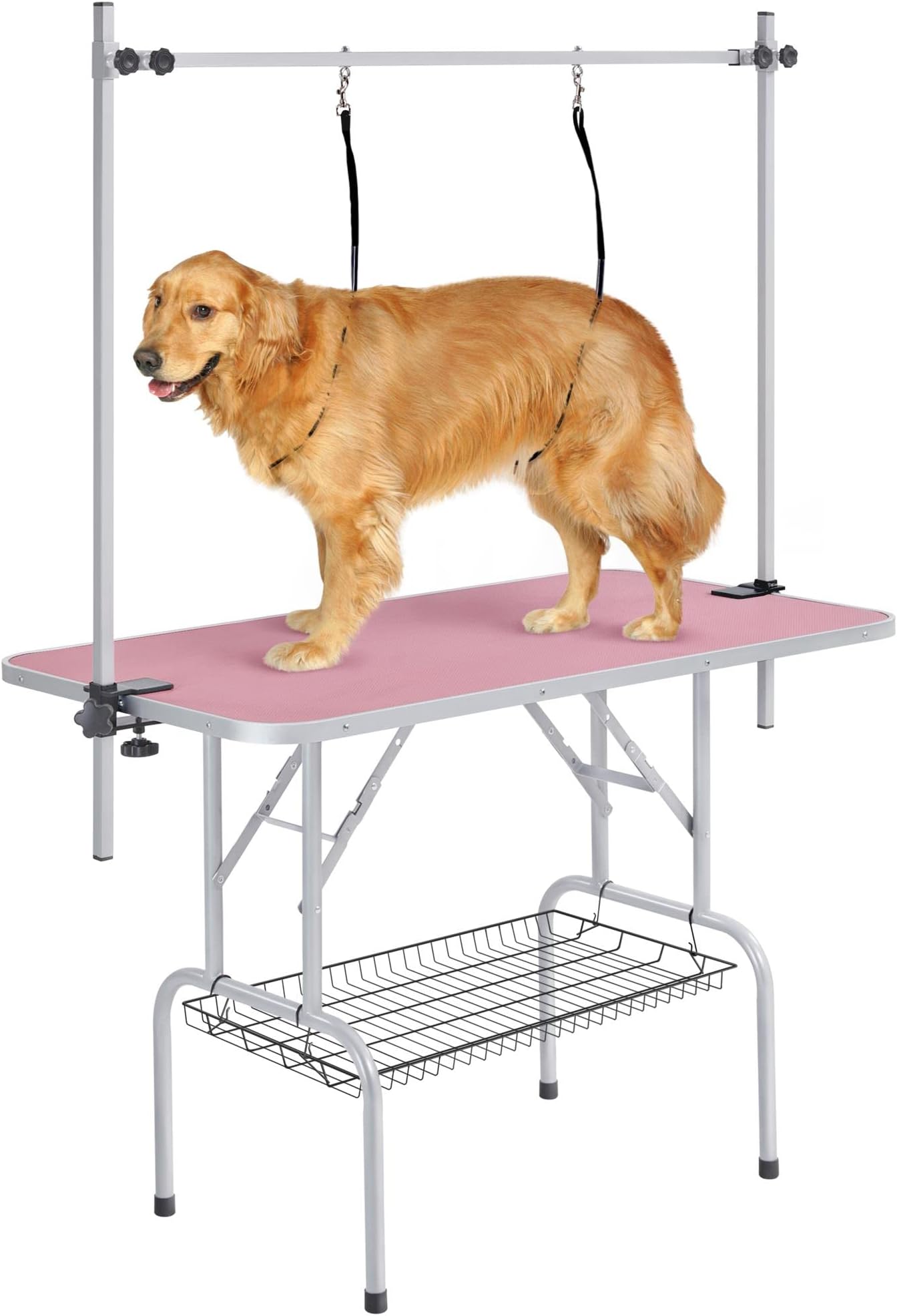 Yaheetech 46" Pet Dog Grooming Table Height Adjustable Dog Beauty Table for Large Dogs/Cats w/Storage Basket/Noose Tools 177cm High Pink