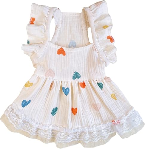 QWINEE Vestido de perro con patrón de corazón lindo y ribete de volantes, vestido de chaleco para gato, vestido de verano con ribete de encaje, ropa